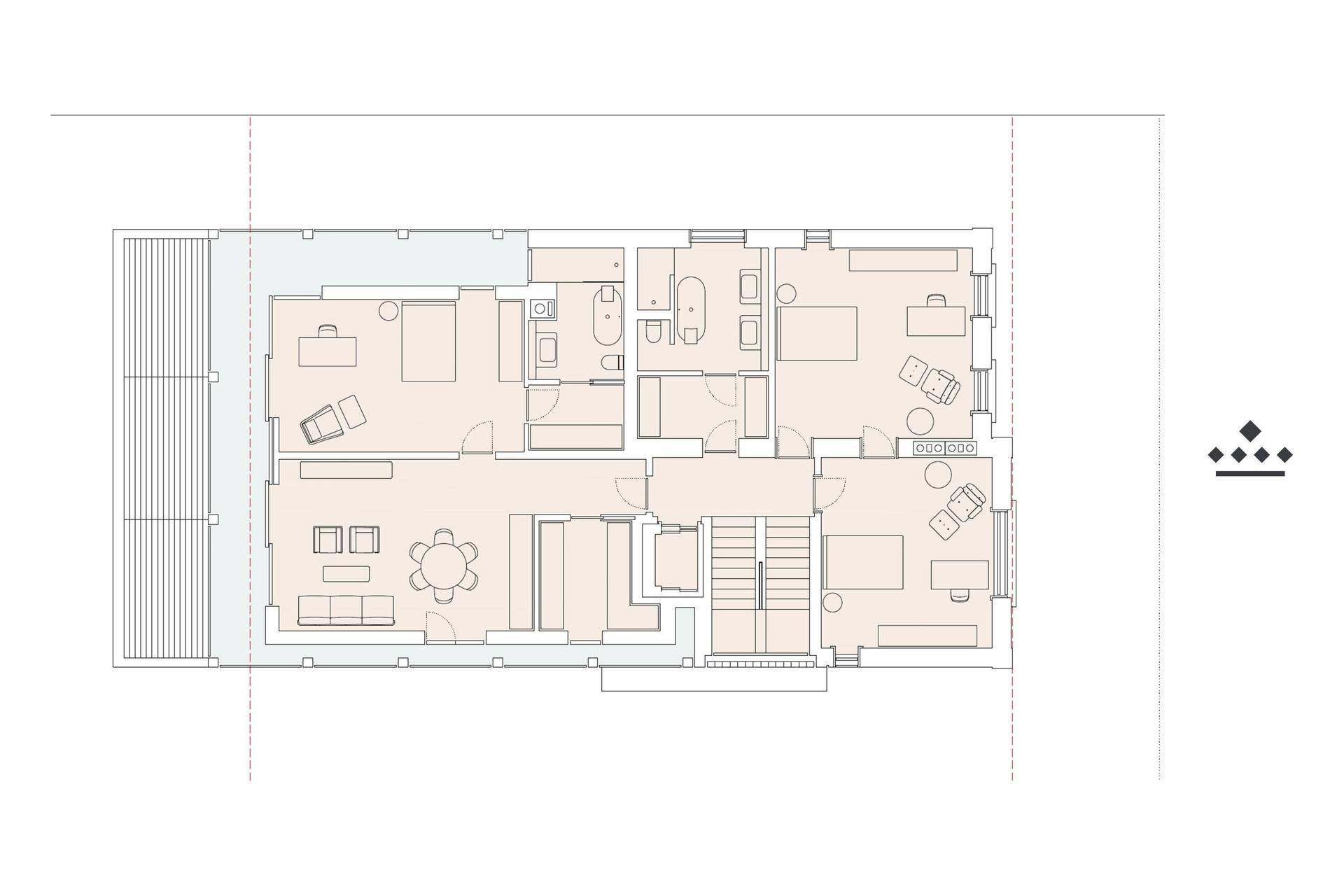Grundriss des zweiten Obergeschosses mit mehreren Schlafzimmern und Bädern.