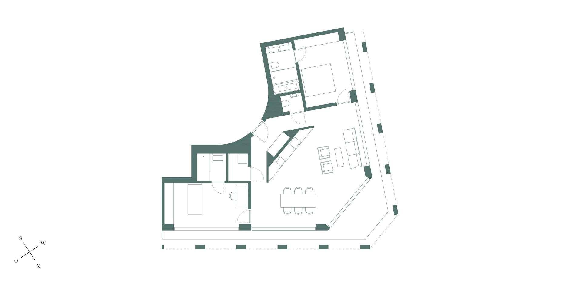 Grundriss einer Wohnung mit offenem Wohnbereich, zwei Bädern und Balkonzugang.