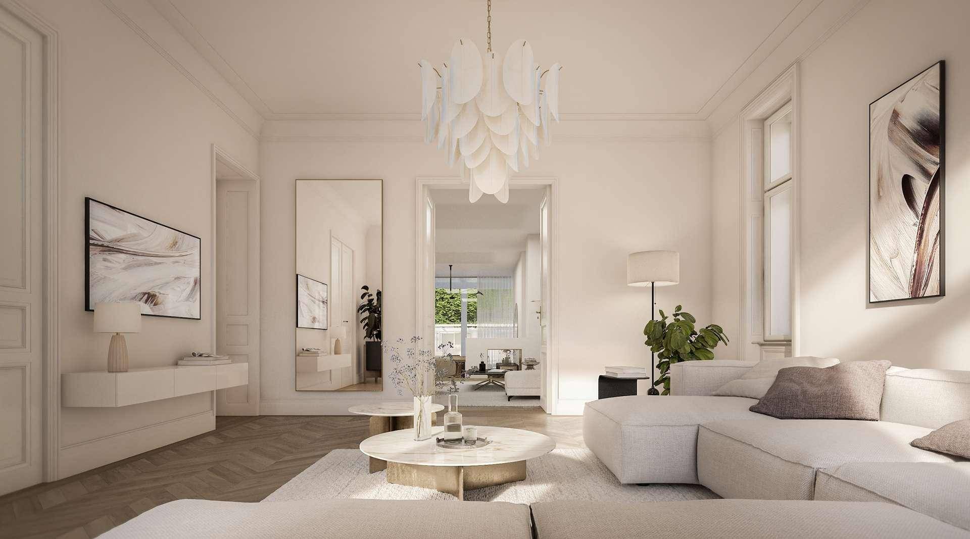 Helles und elegantes Wohnzimmer mit modernem Design, Fischgrätparkett und stilvoller Beleuchtung.