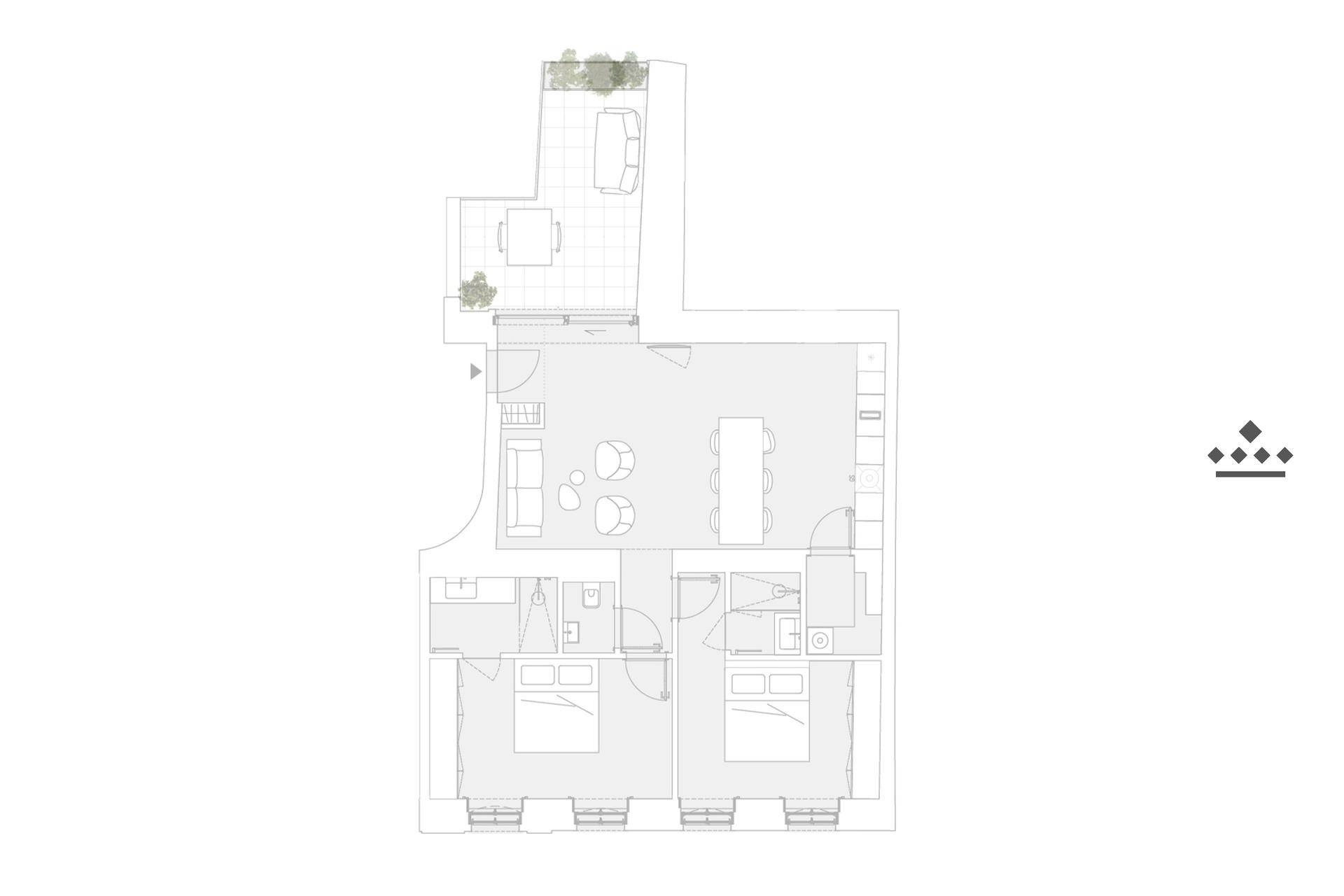 Grundriss einer Wohnung mit offenem Wohnbereich, zwei Schlafzimmern und einer großen Terrasse.