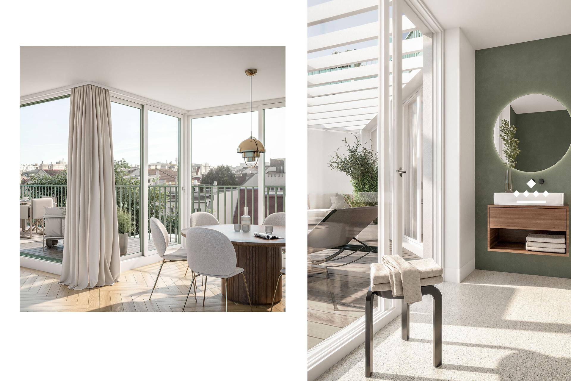 Kombinierte Ansicht eines hellen Essbereichs mit Terrassenzugang und eines modernen Badezimmers mit Waschtisch.