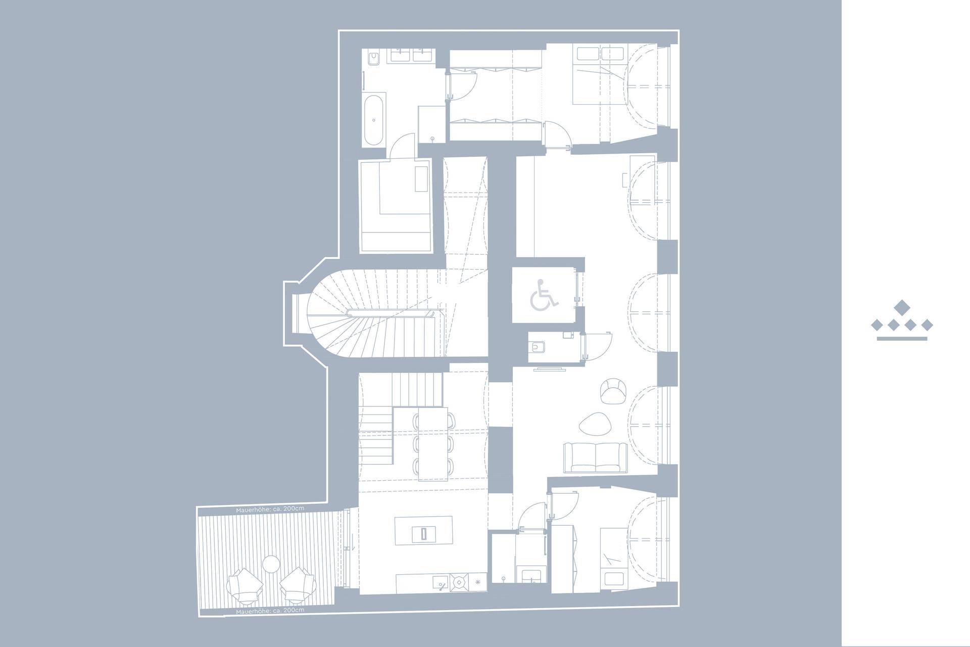 Detaillierter Grundrissplan einer Wohneinheit mit offenem Wohnbereich, Terrasse und barrierefreiem Zugang.