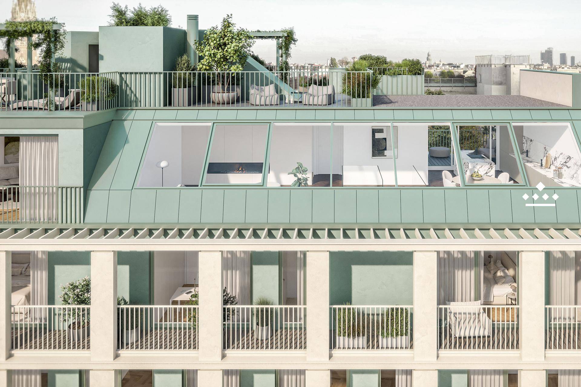 Moderne Architektur des Gebäudes mit mehreren Balkonen und begrünten Dachterrassen.