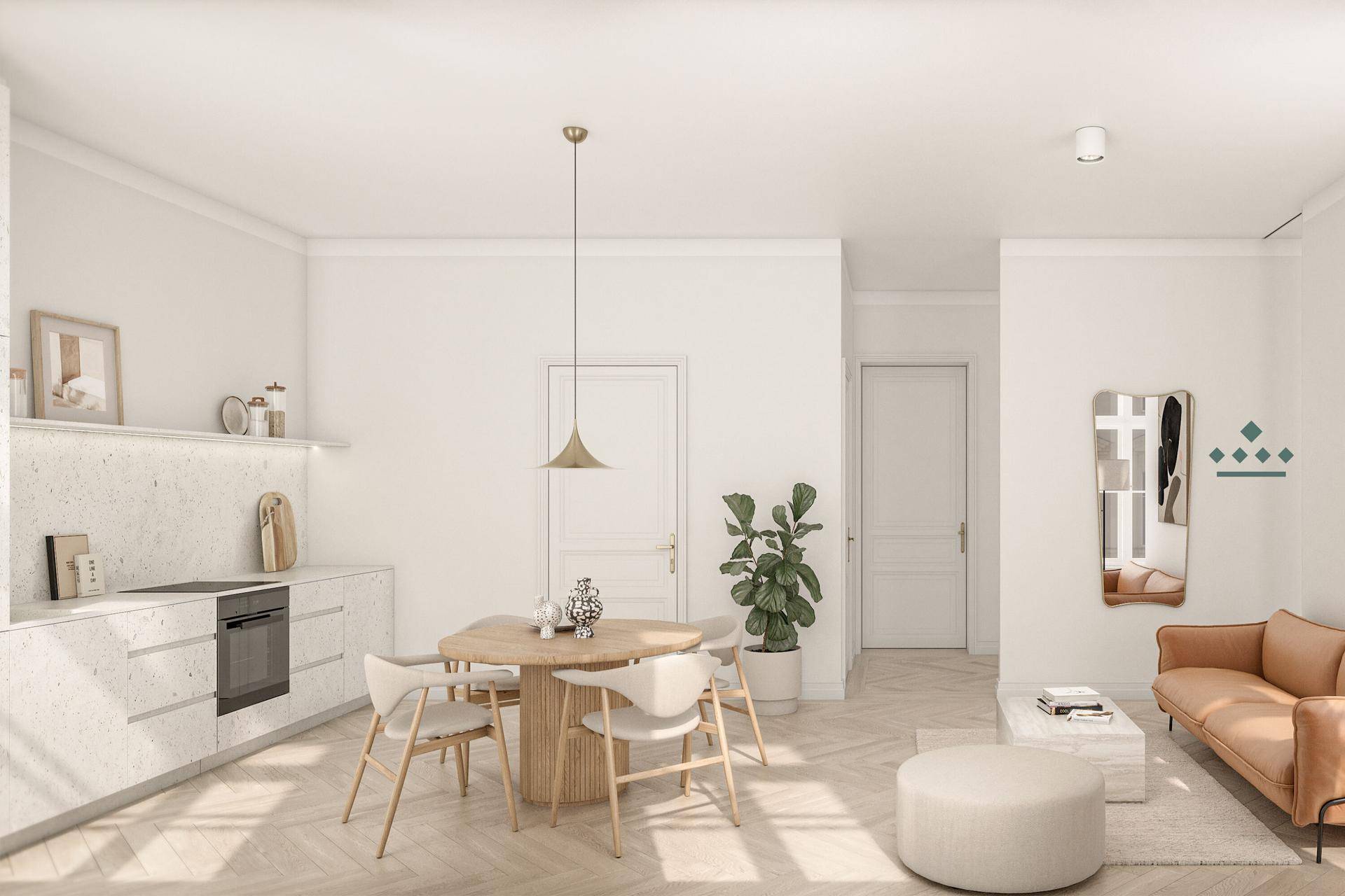 Heller, offener Wohn-Essbereich mit integrierter Küche, modernem Design und Holzboden.