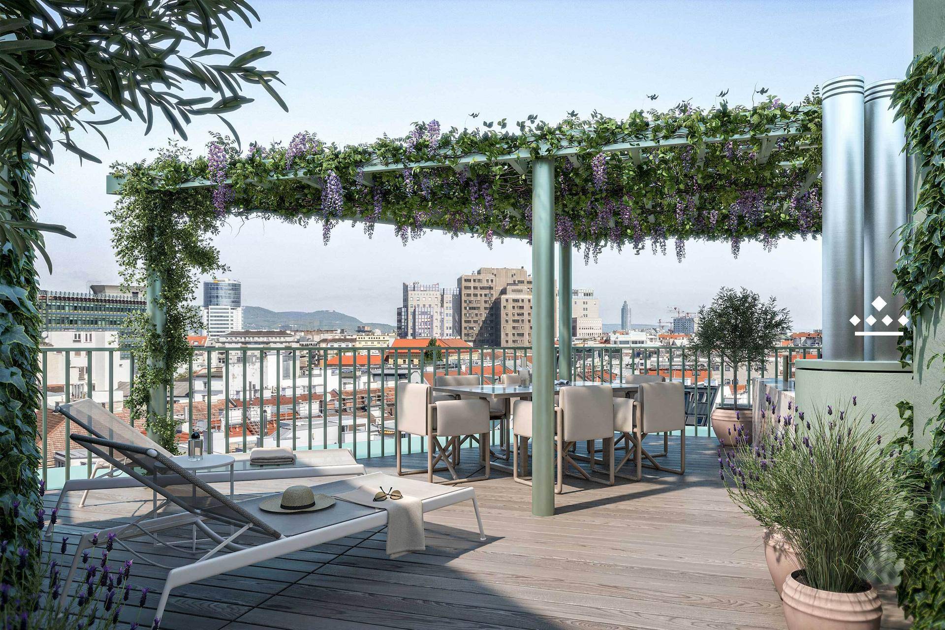 Geräumige Dachterrasse mit Sonnenliegen, Essbereich und weitem Blick über die Stadt.
