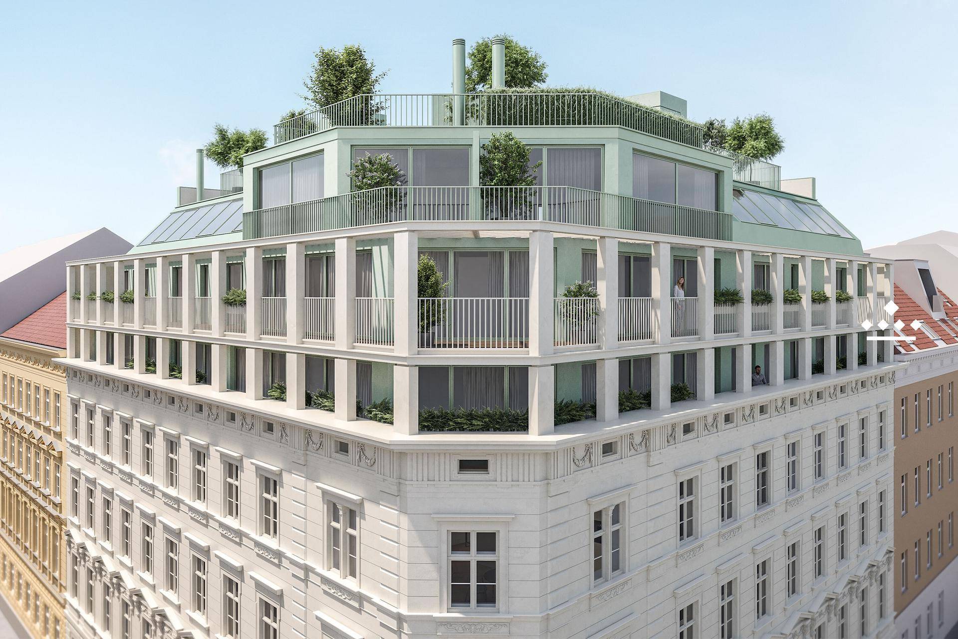 Architektonische Eckansicht eines Gebäudes mit Balkonen und begrünten Dachflächen in urbaner Umgebung.
