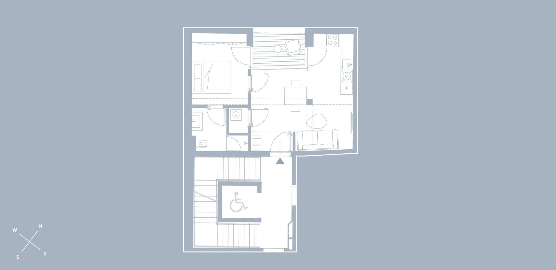 Grundriss einer Wohnung mit barrierefreiem Zugang und funktionaler Raumaufteilung.