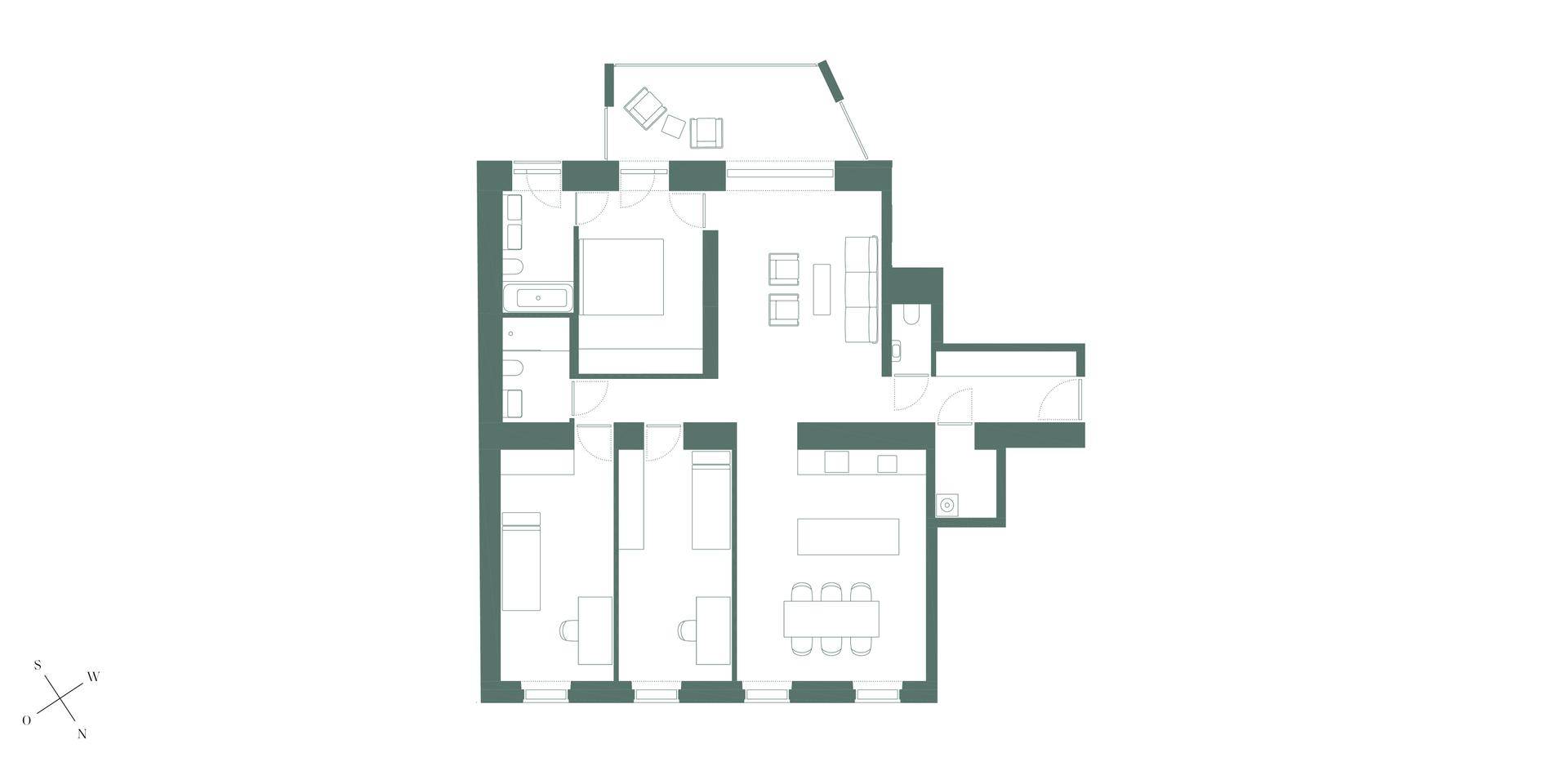 Grundriss einer Wohnung mit drei Schlafzimmern, offenem Wohnbereich und Balkon.