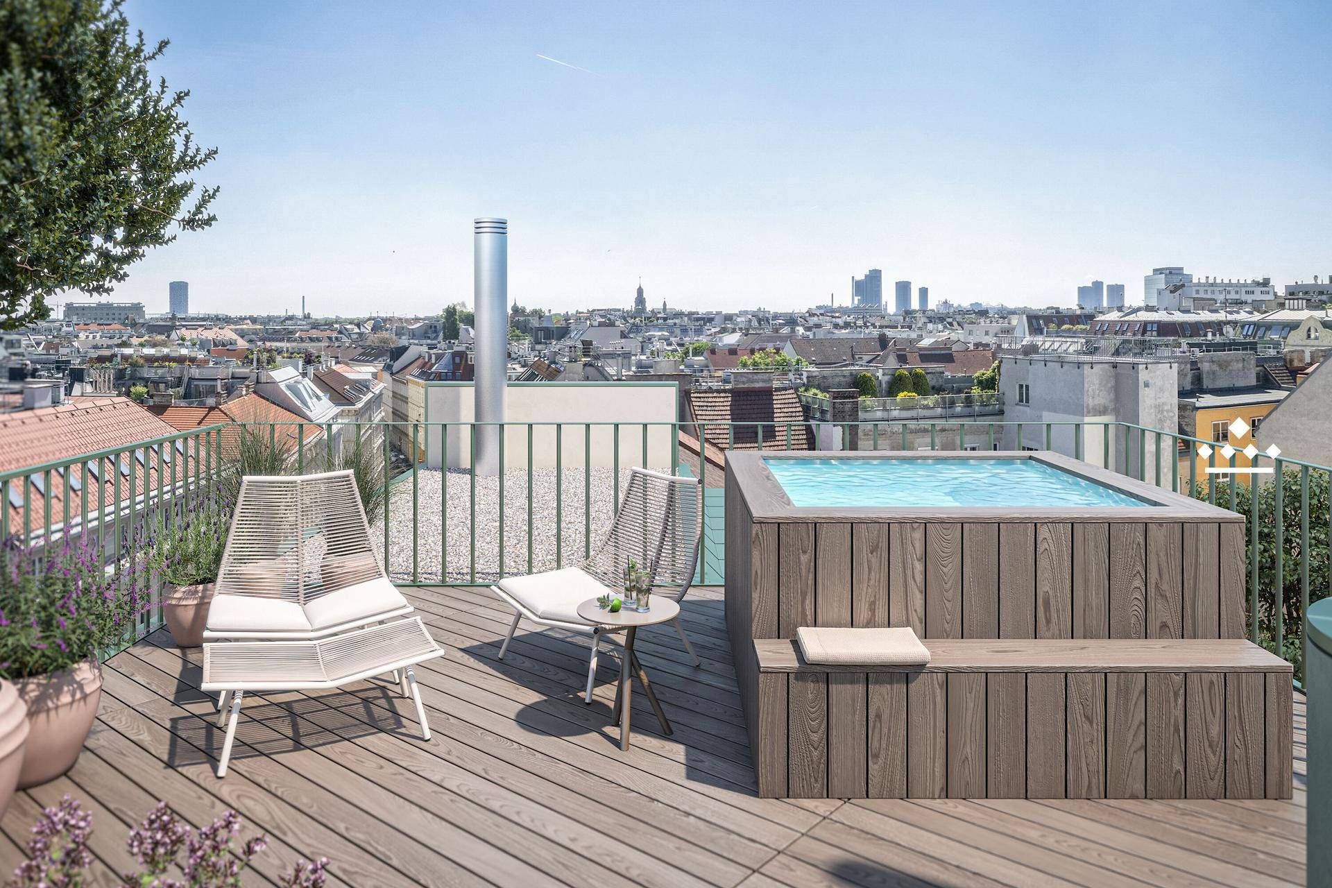 Sonnige Dachterrasse mit Whirlpool, bequemen Liegestühlen und beeindruckendem Stadtpanorama.