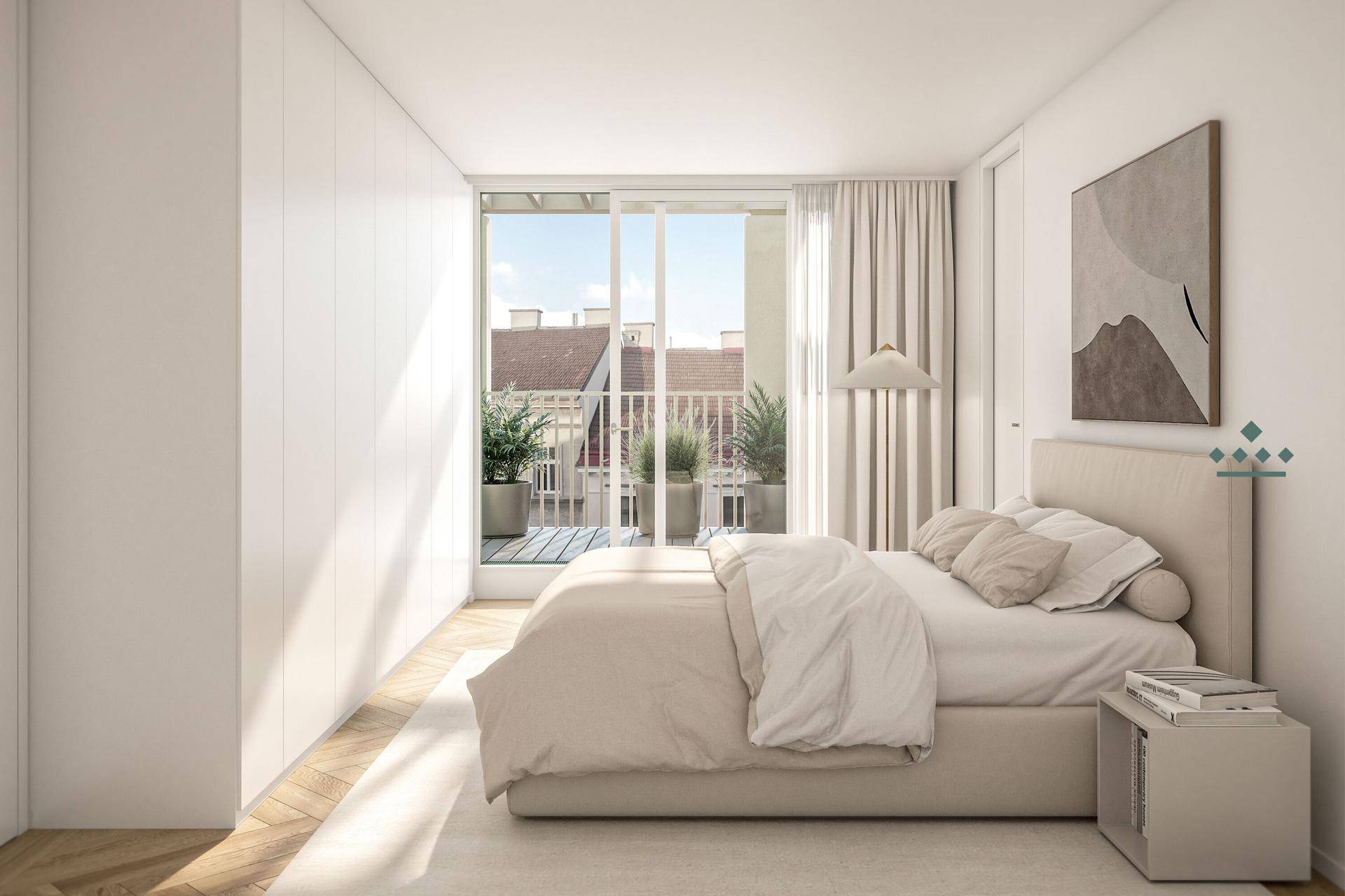 Helles Schlafzimmer mit Zugang zum Balkon, Einbauschränken und modernem Design.