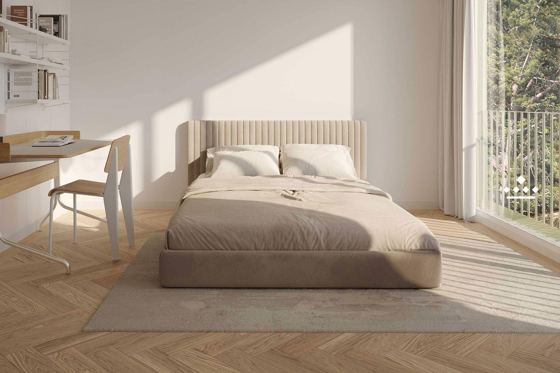 Helles Schlafzimmer mit modernem Bett, Schreibtisch und großem Fenster mit Blick ins Grüne.