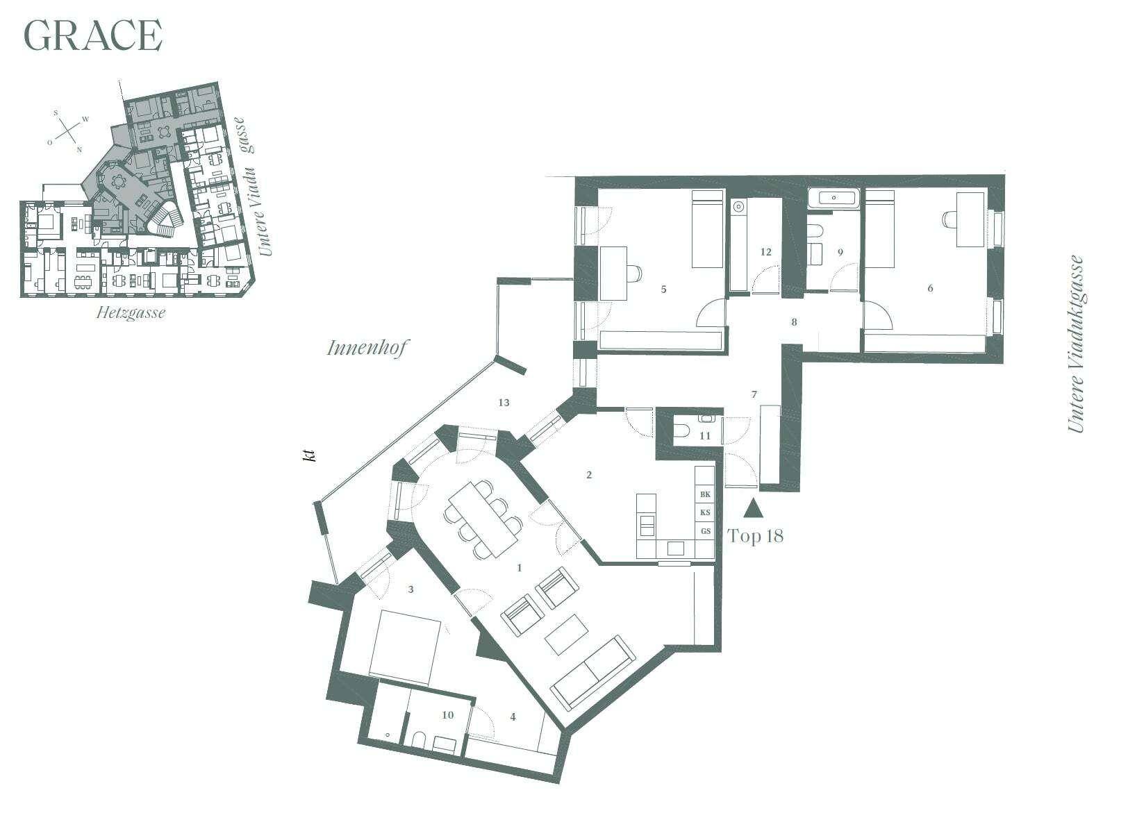 Detaillierter Grundriss einer Wohnung mit mehreren Zimmern, Balkon und Blick auf den Innenhof.