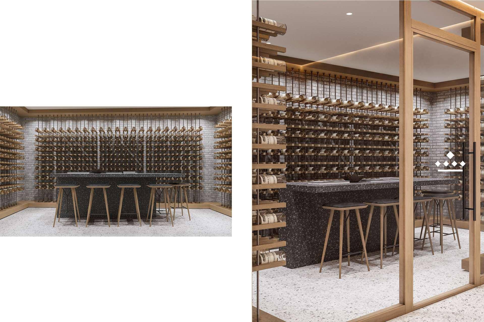 Exklusiver Weinkeller mit umfangreichen Weinregalen, Bartheke und stilvollen Hockern.