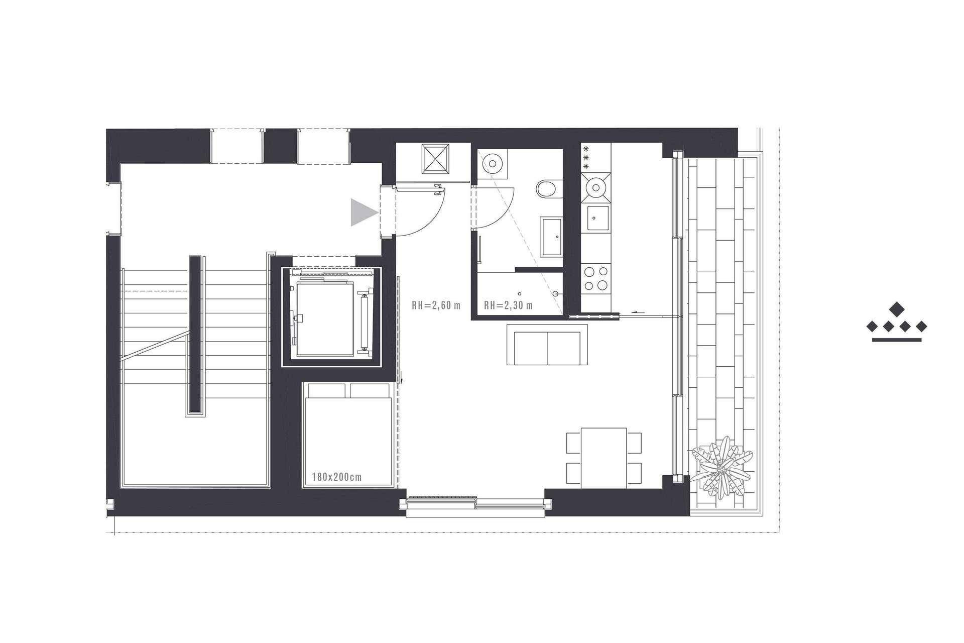 Detaillierter Grundriss einer Wohnung mit Wohnbereich, Küche, Bad und Schlafzimmer.