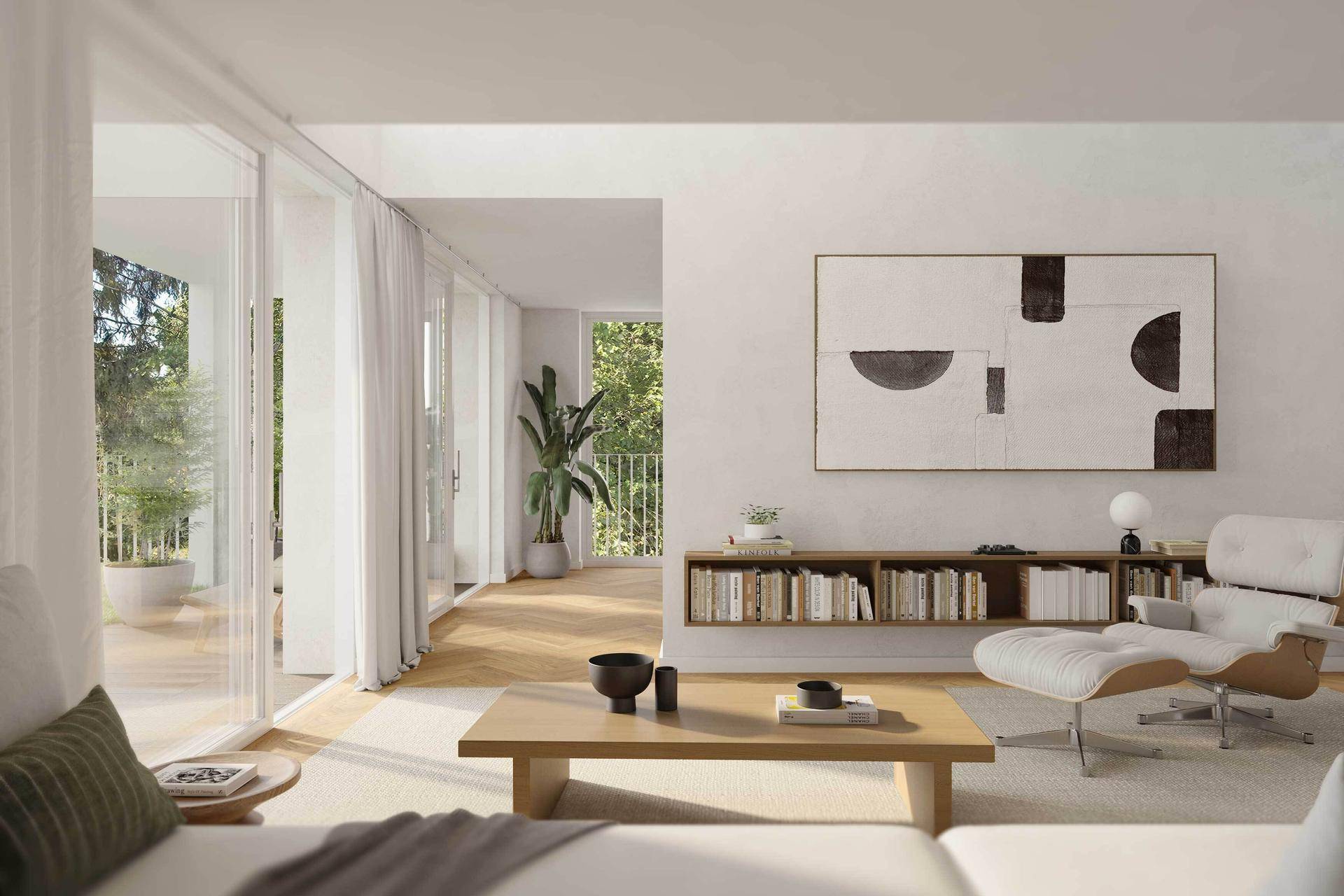 Lichtdurchflutetes Wohnzimmer mit modernen Möbeln, Holzboden und raumhohen Fenstern zum Balkon.