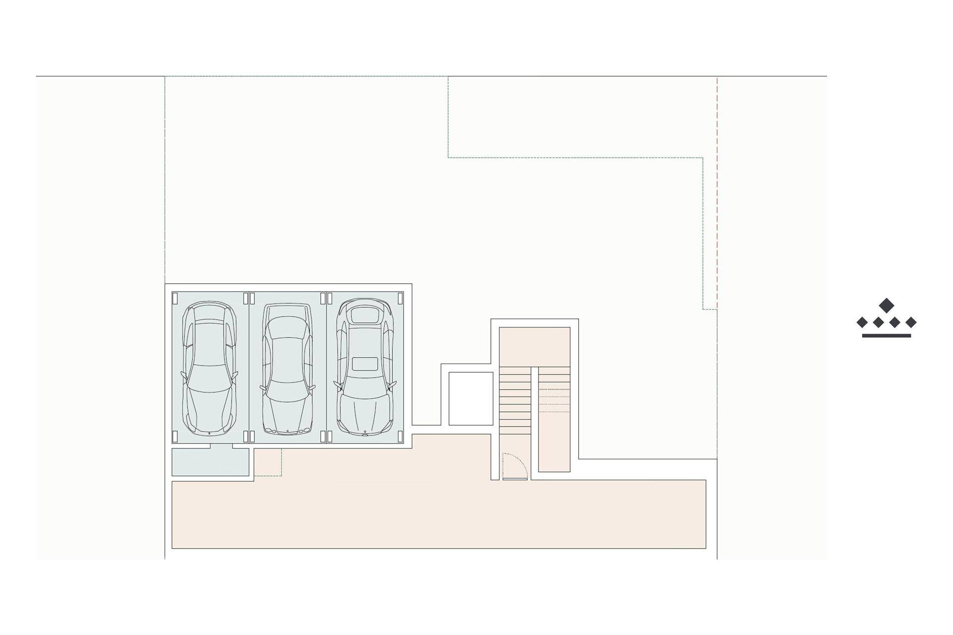 Grundriss des Untergeschosses mit Parkplätzen und Treppenhaus.