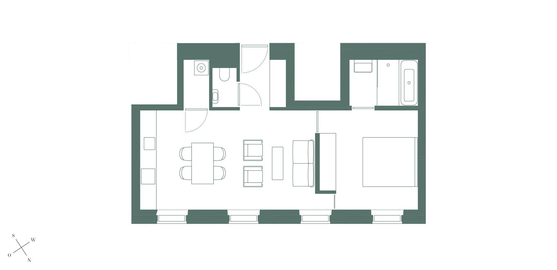 Grundriss einer Wohnung mit offenem Wohnbereich, einem Schlafzimmer und zwei Bädern.