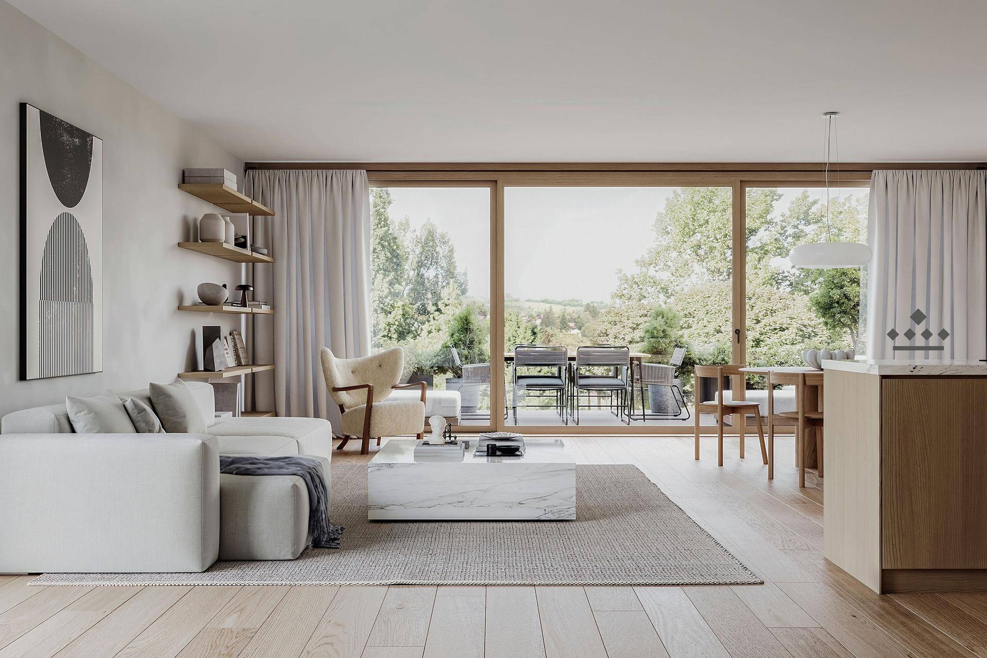 Modernes Wohnzimmer mit hellem Holzboden, bequemer Couch und Zugang zur Terrasse.