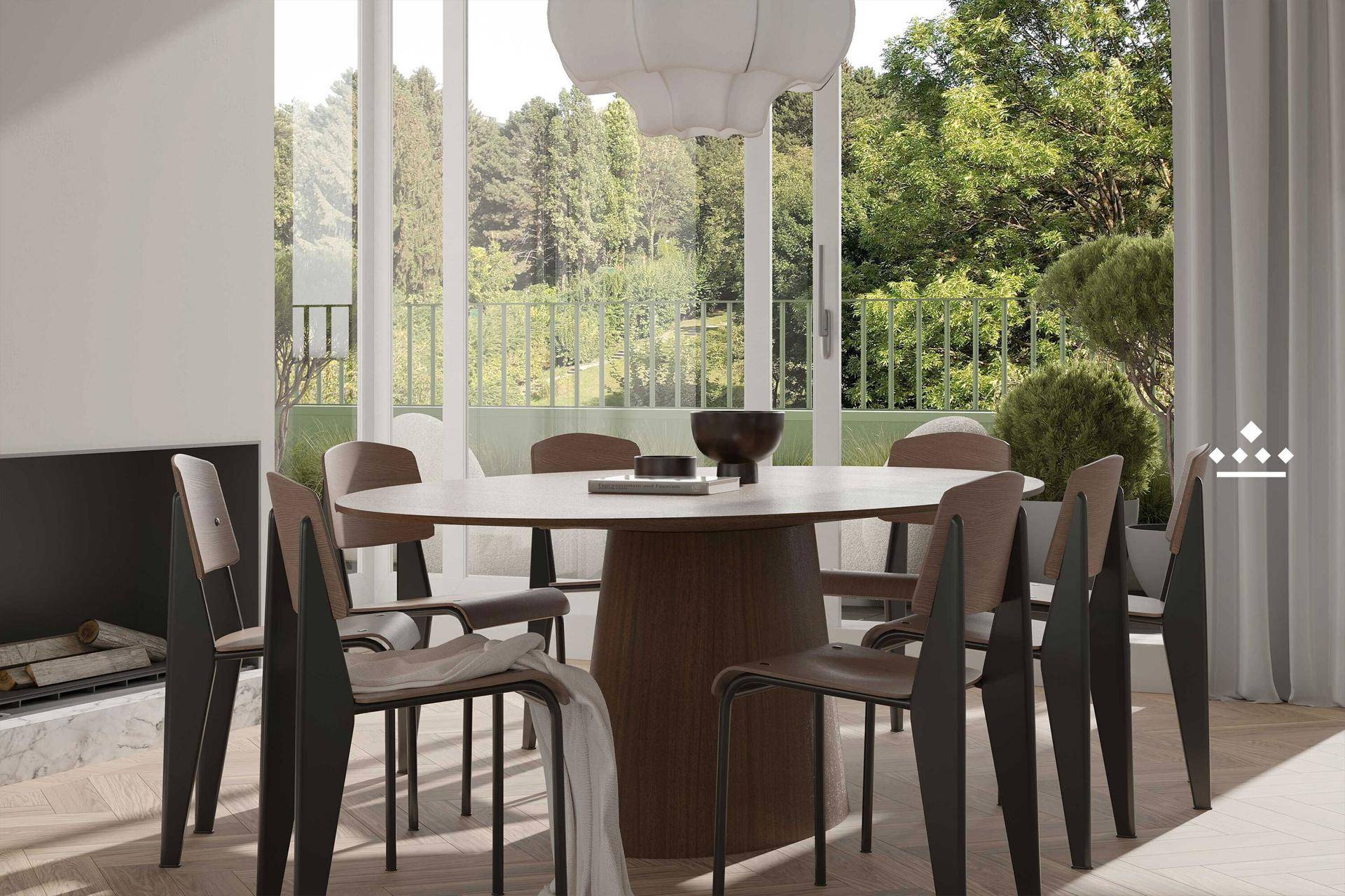 Eleganter Essbereich mit großem Holztisch, modernen Stühlen und Zugang zur Terrasse.