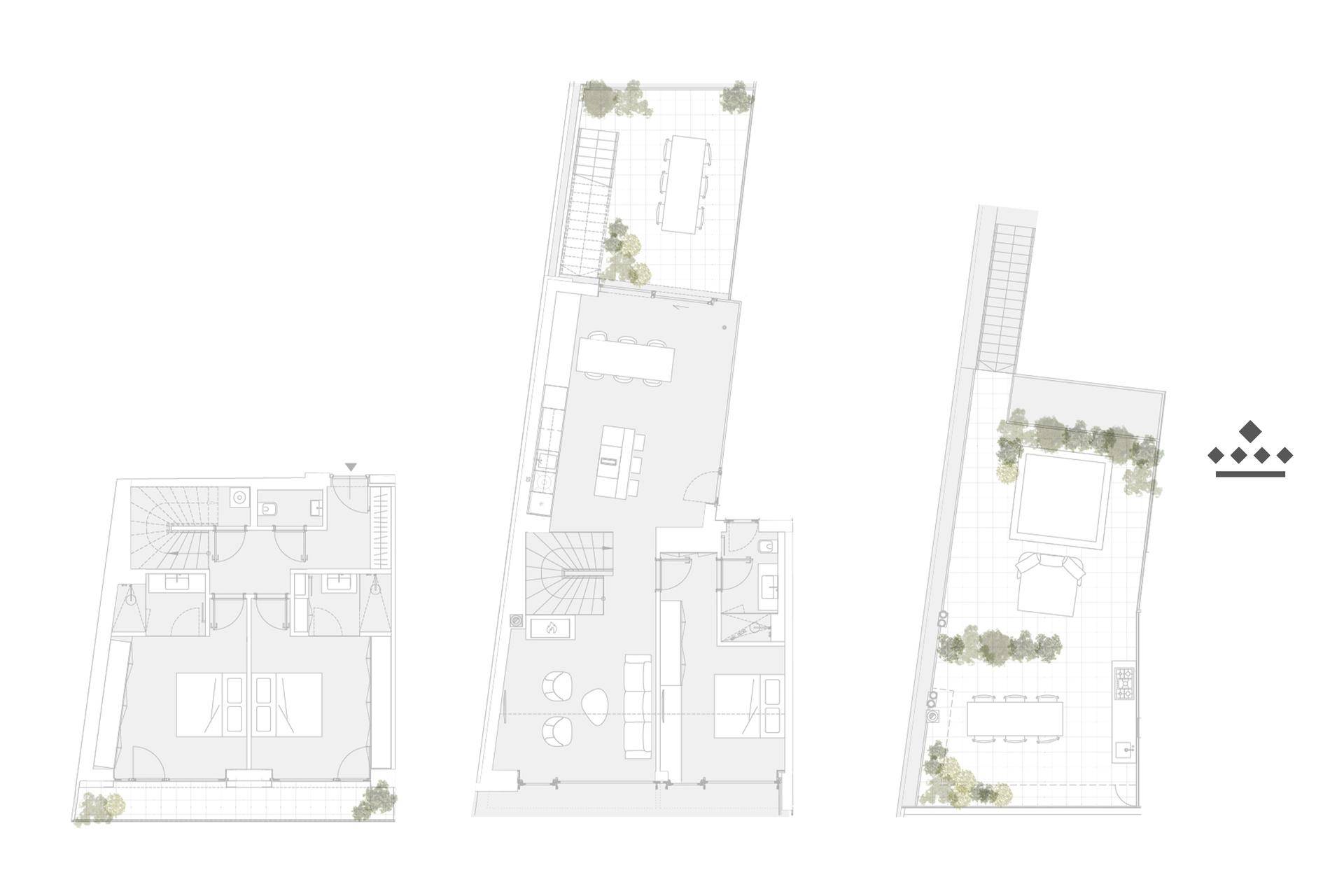 Grundrisspläne zeigen verschiedene Ebenen mit Wohnbereichen, Schlafzimmern und Dachterrassen.