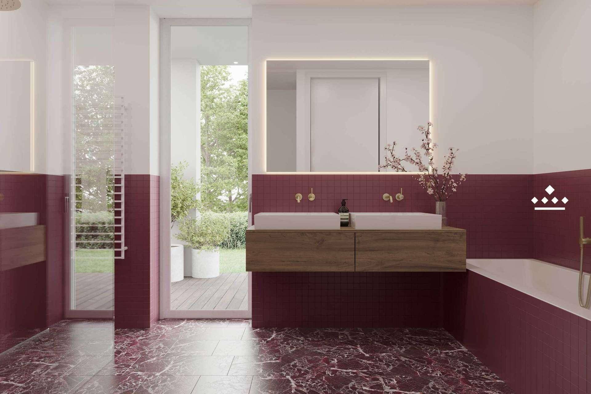 Stilvolles Badezimmer mit Doppelwaschbecken, Badewanne und Zugang zum Garten, rote Marmorfliesen.