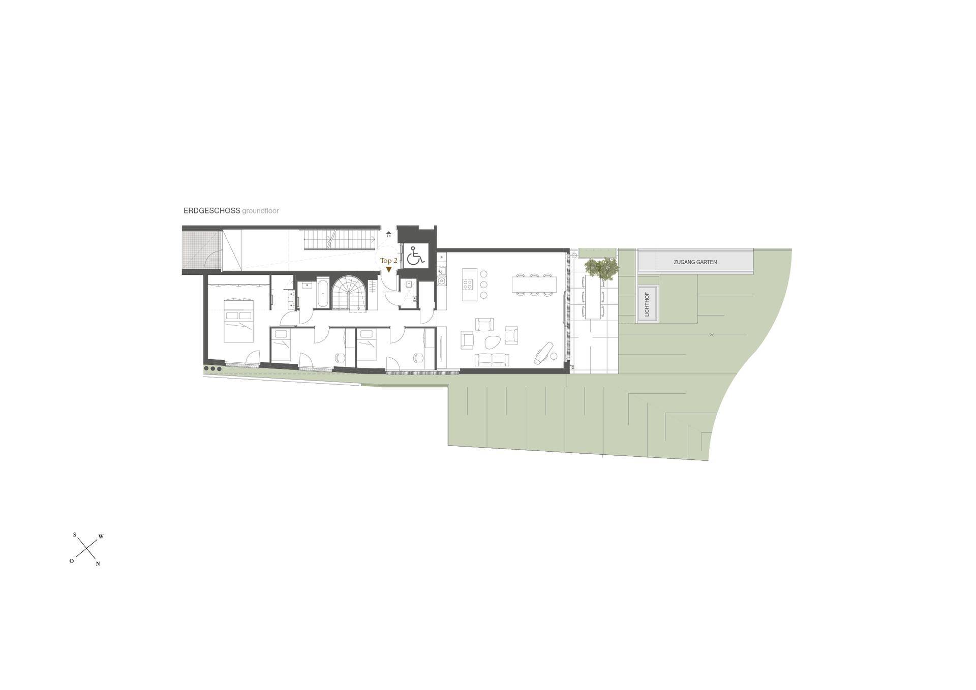 Grundriss des Erdgeschosses mit offenem Wohnbereich, Schlafzimmern und Zugang zum Garten.