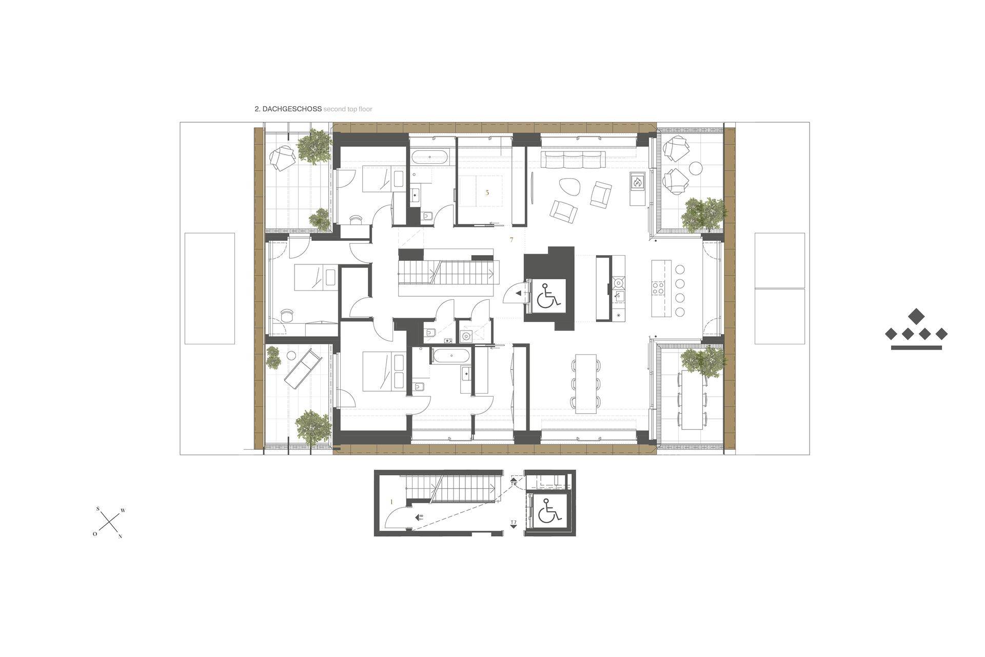 Grundriss des zweiten Dachgeschosses mit mehreren Zimmern, Bädern und Terrassenzugang.