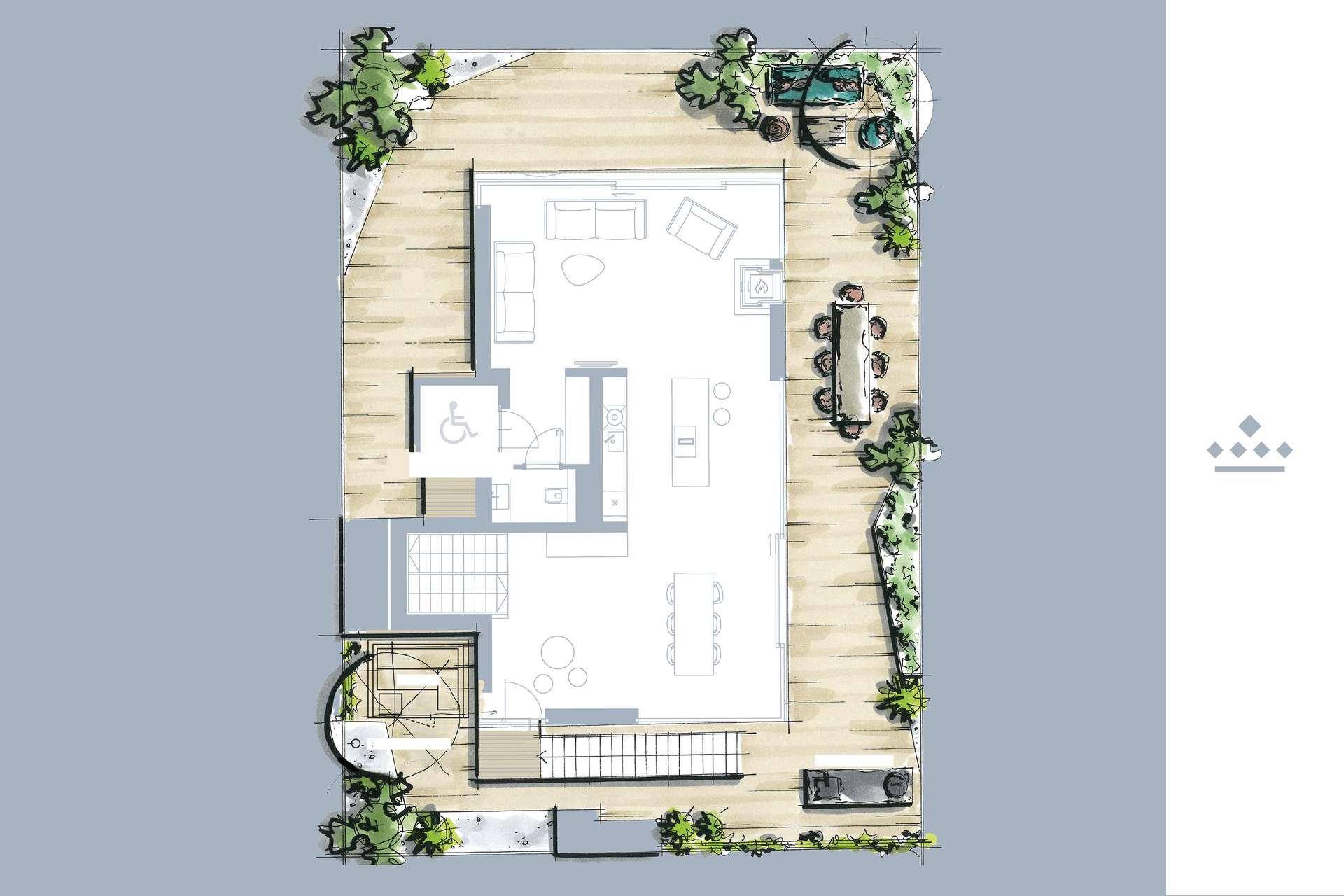 Grundriss einer Wohneinheit mit offenem Wohnbereich, Küche und Zugang zu einer Terrasse.