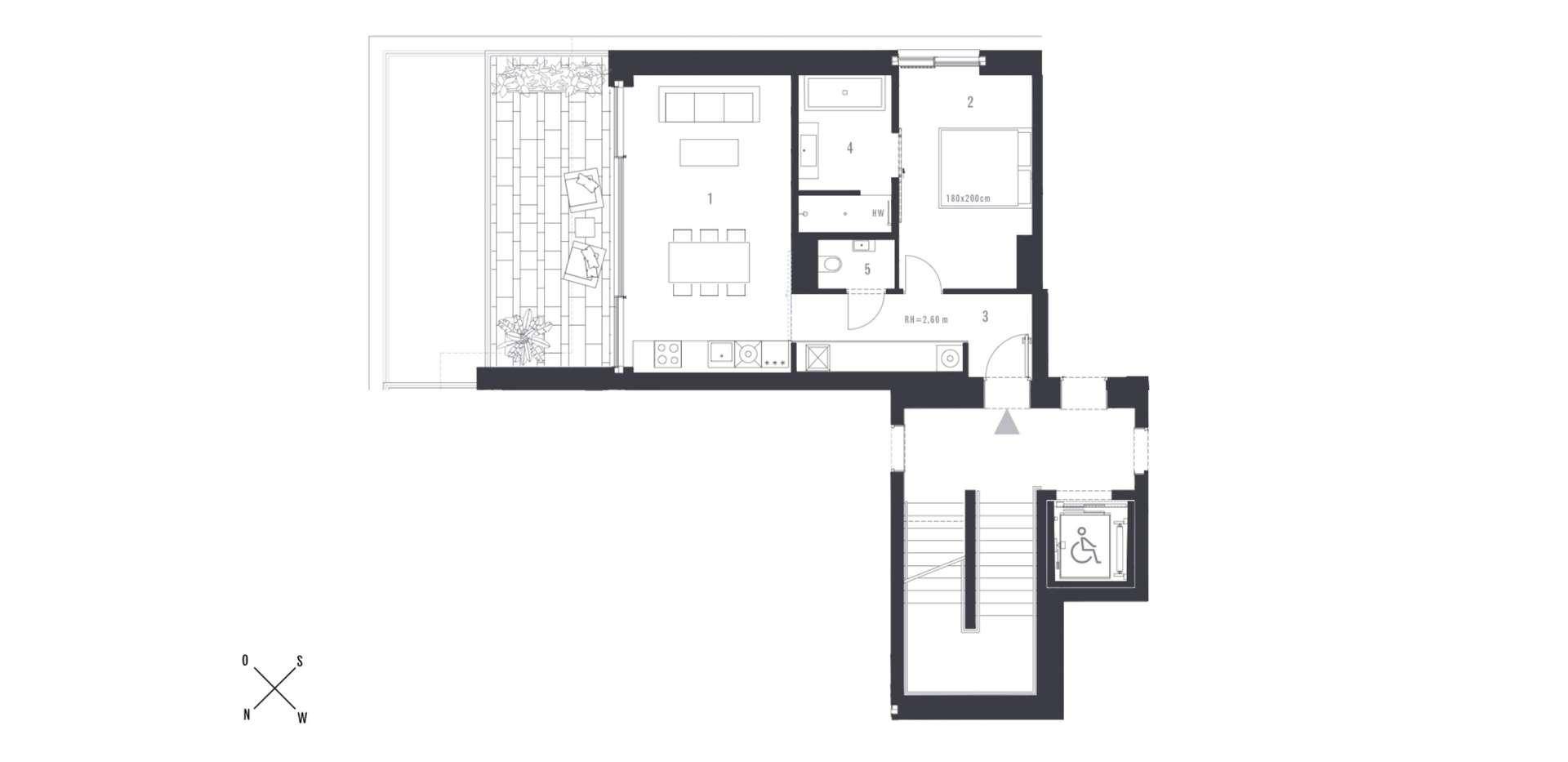 Grundriss einer Wohnung mit Terrasse, offenem Wohnbereich, Schlafzimmer und Bad.