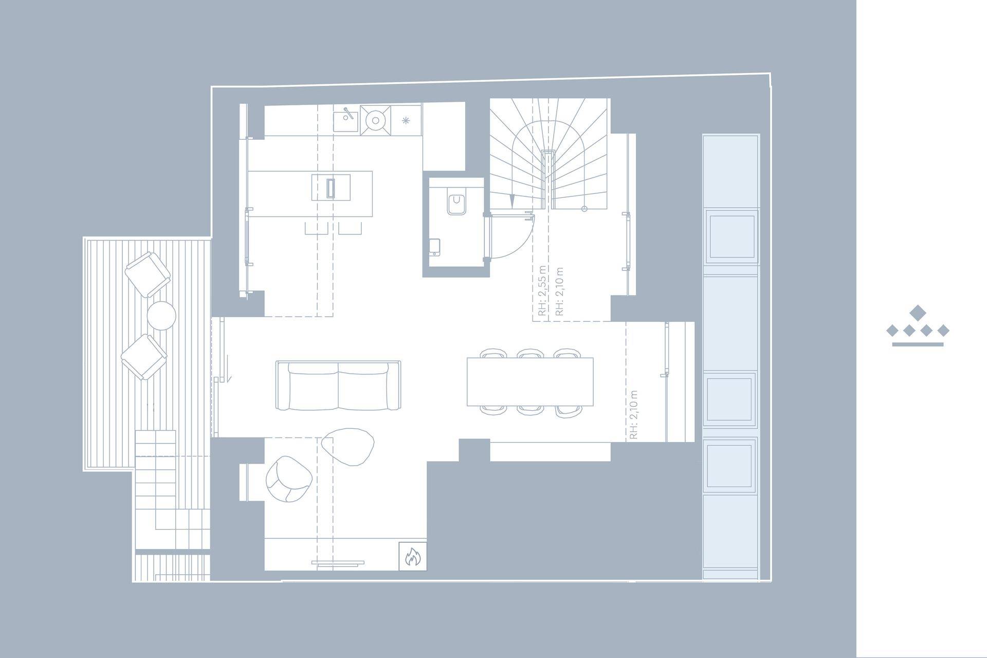 Grundriss einer Wohneinheit mit offenem Wohnbereich, Küche und Terrasse.