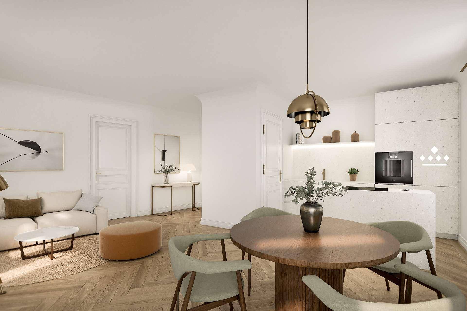 Offener Wohn- und Essbereich mit integrierter Küche und elegantem Holzboden.