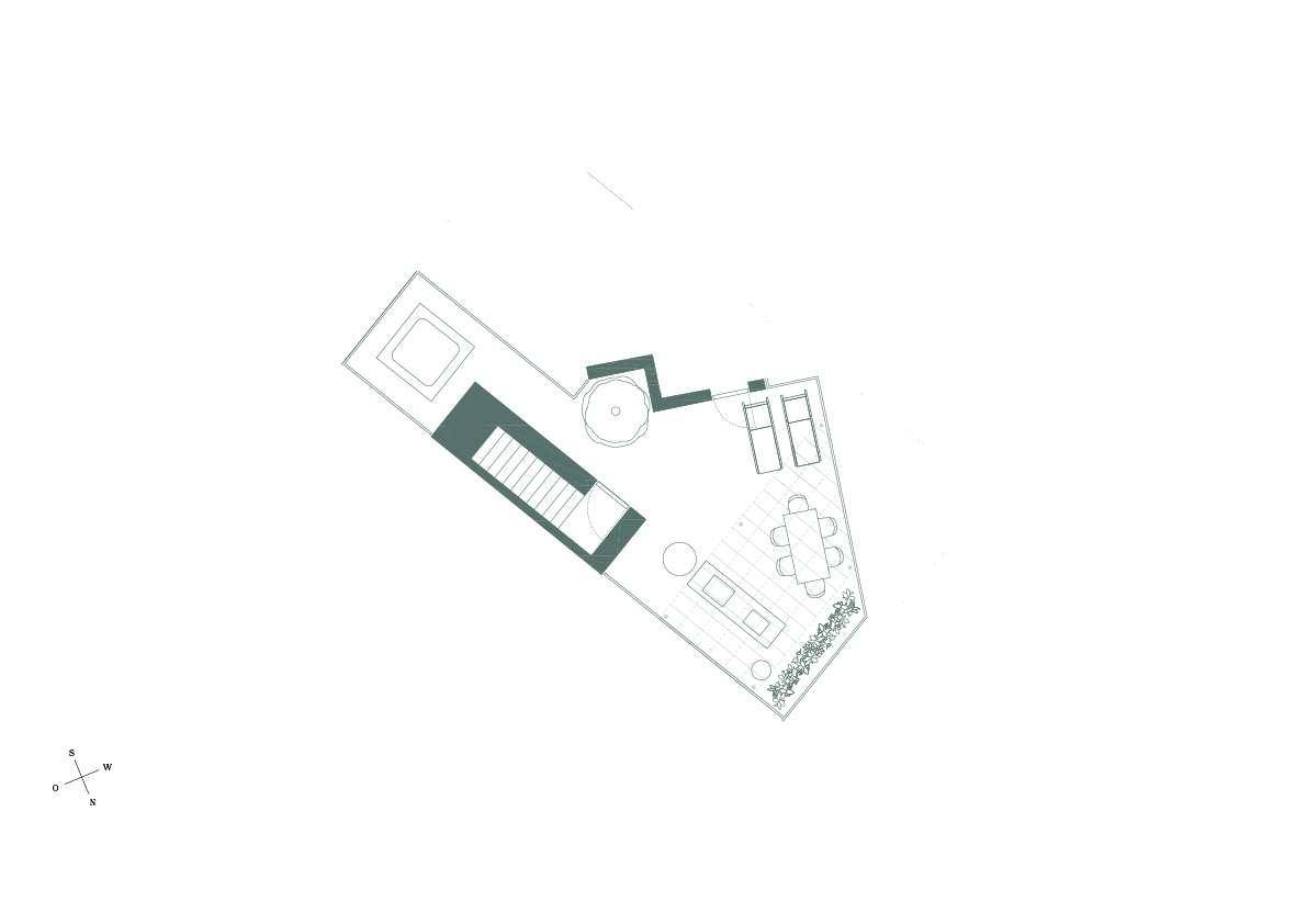 Grundriss einer Dachterrasse mit Whirlpool, Liegeflächen und Essbereich im Freien.