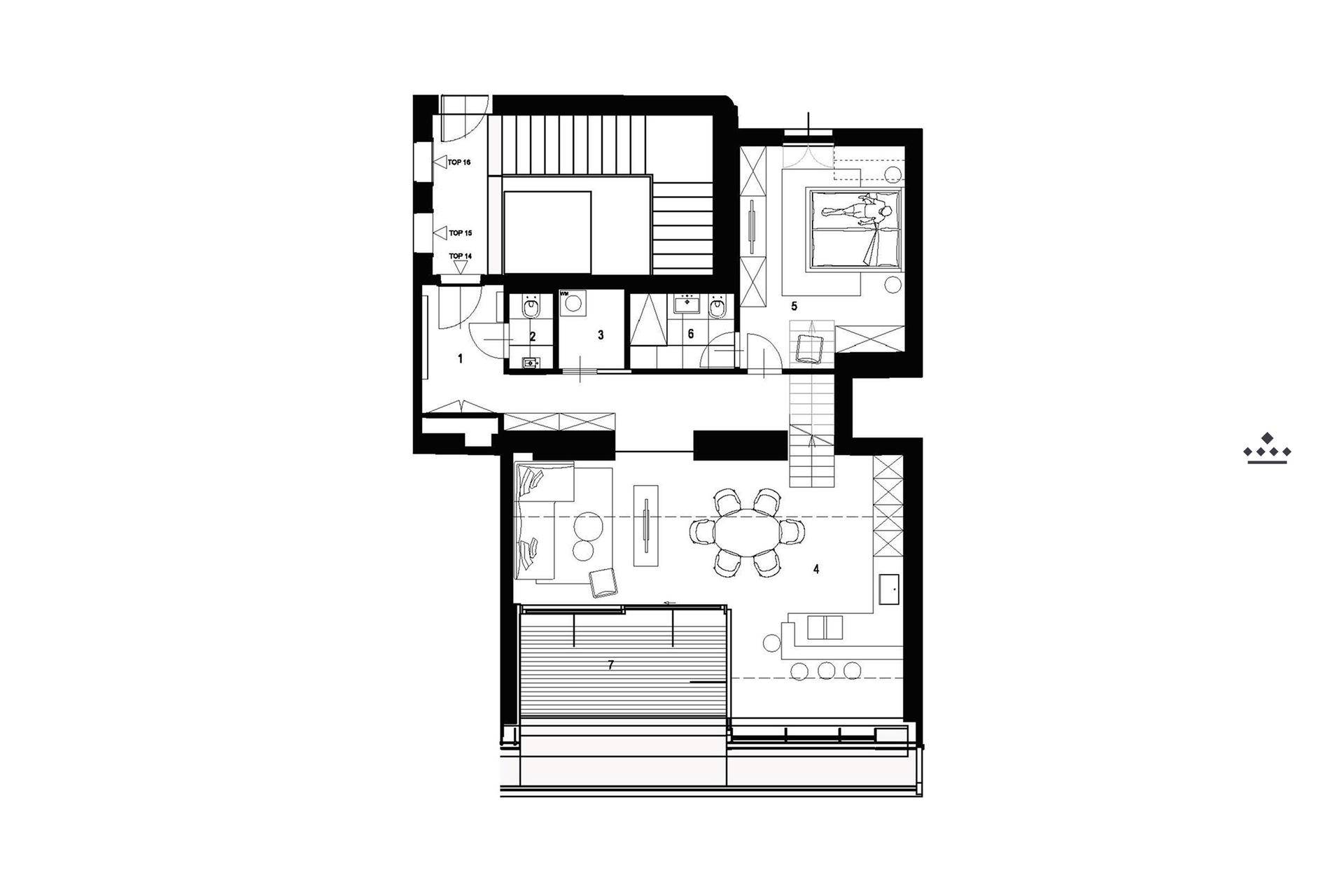 Grundriss einer Wohnung mit offenem Wohn-, Ess- und Küchenbereich, einem Schlafzimmer, mehreren Bädern und einer großen Terrasse.