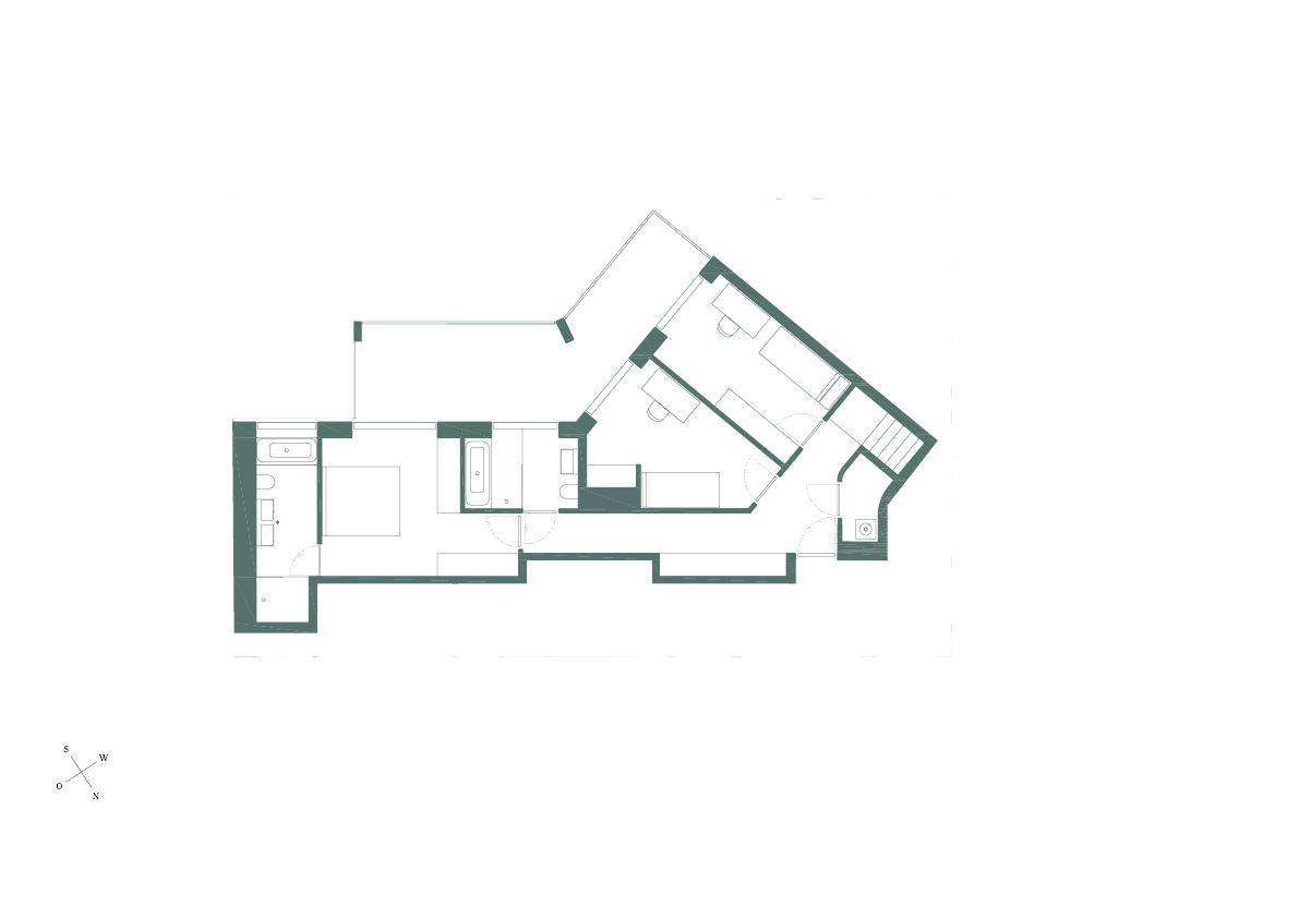 Grundriss des ersten Geschosses mit Schlafzimmer, Bad und separatem WC.