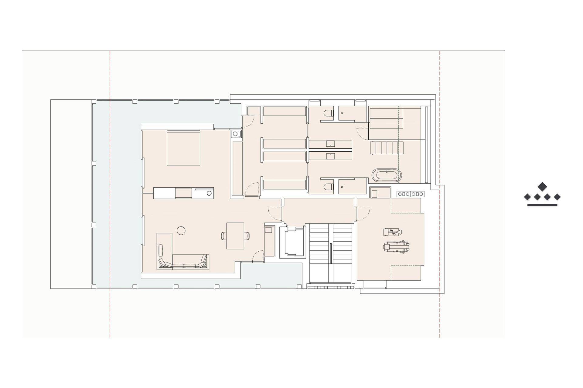 Grundriss des dritten Obergeschosses mit Schlafzimmer, Bad und Balkon.