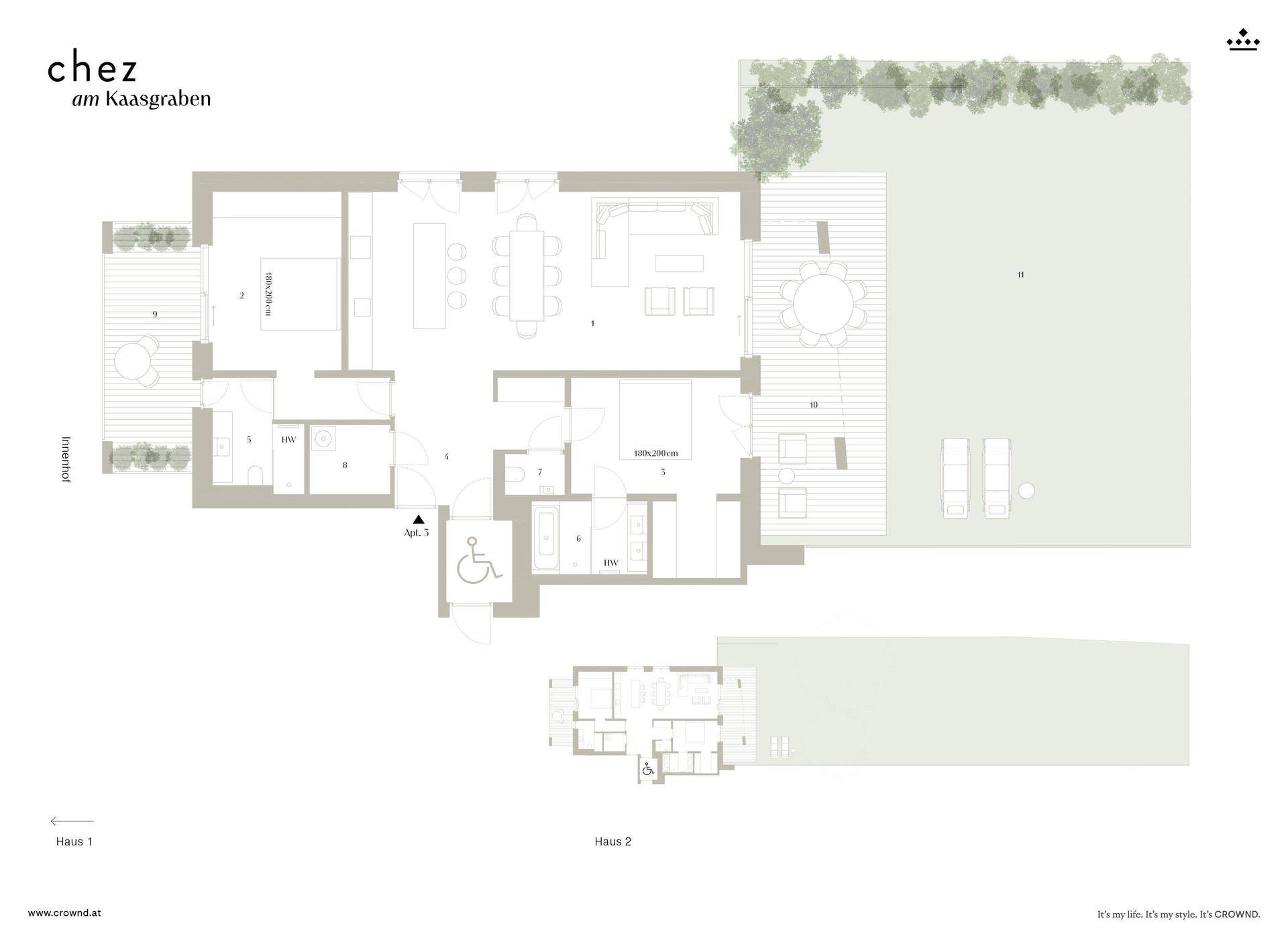 Grundriss einer Wohnung mit offenem Wohnbereich, Terrasse, Garten und barrierefreiem Zugang.