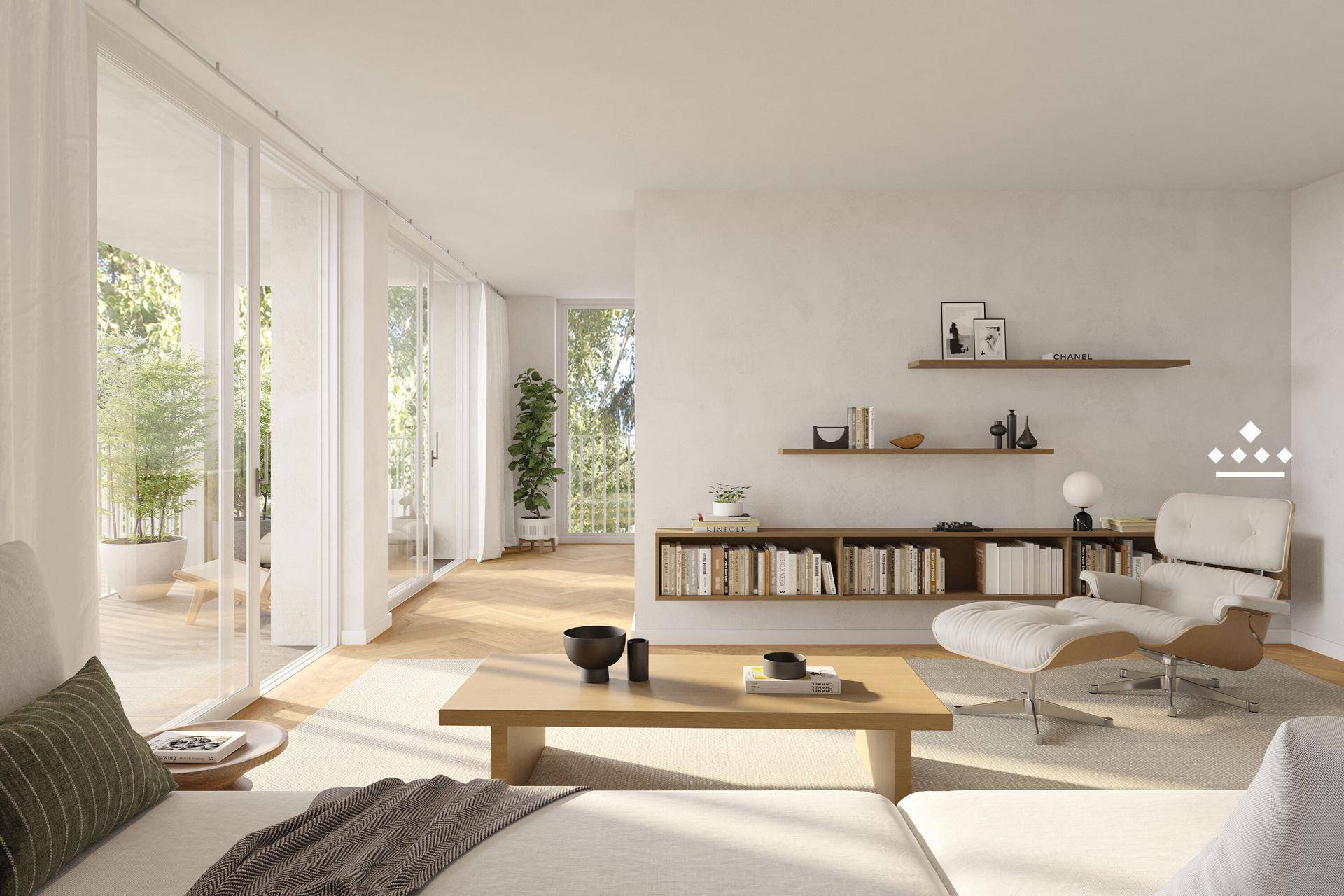 Helles und modernes Wohnzimmer mit großen Fenstern, Holzboden und Blick ins Grüne.