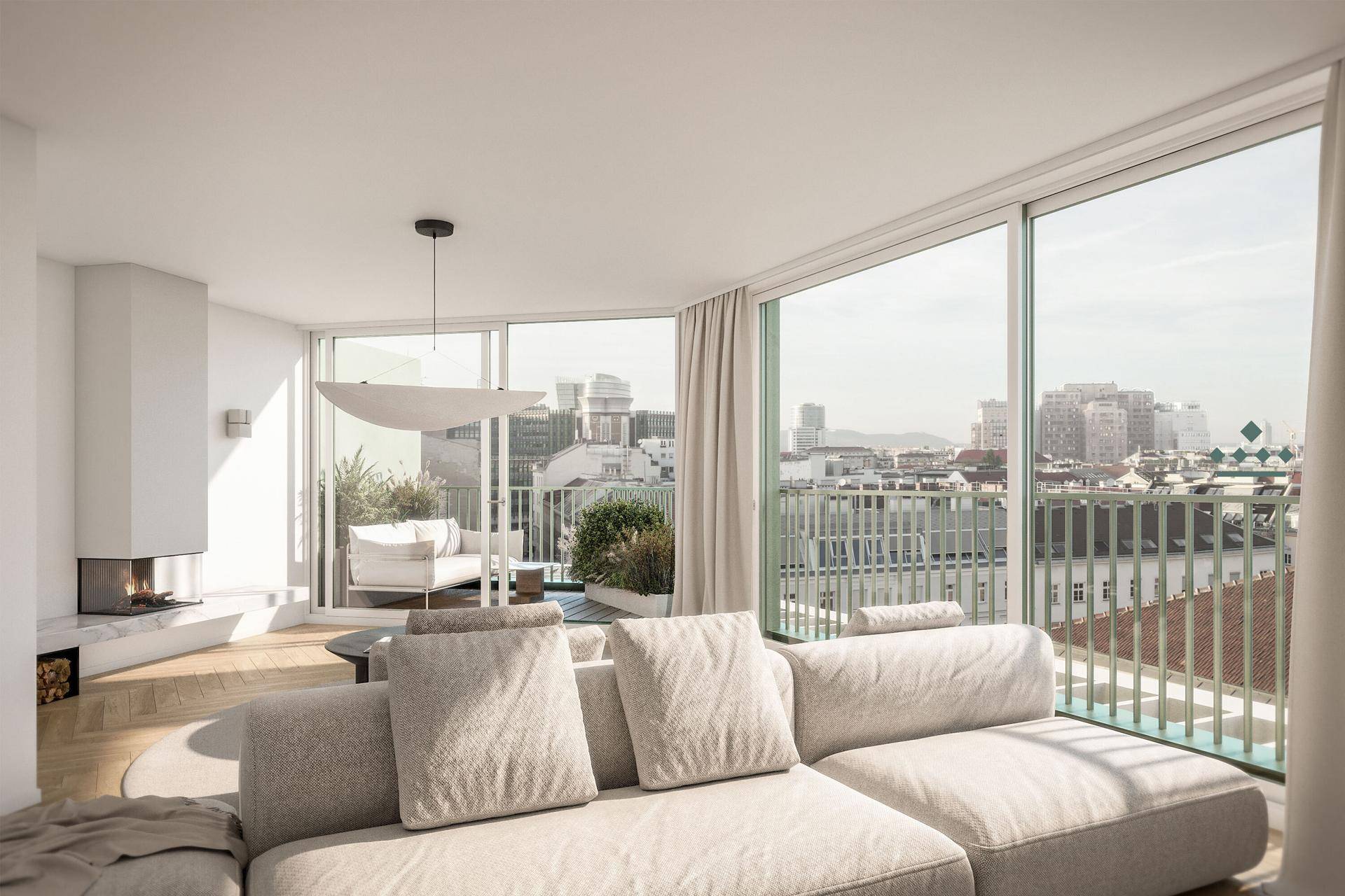 Helles Wohnzimmer mit bodentiefen Fenstern, Kamin und weitem Stadtblick.