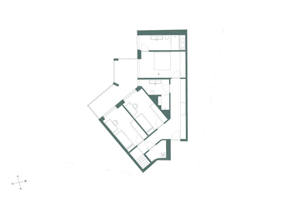 Grundriss einer Wohnung mit zwei Schlafzimmern und zwei Badezimmern.
