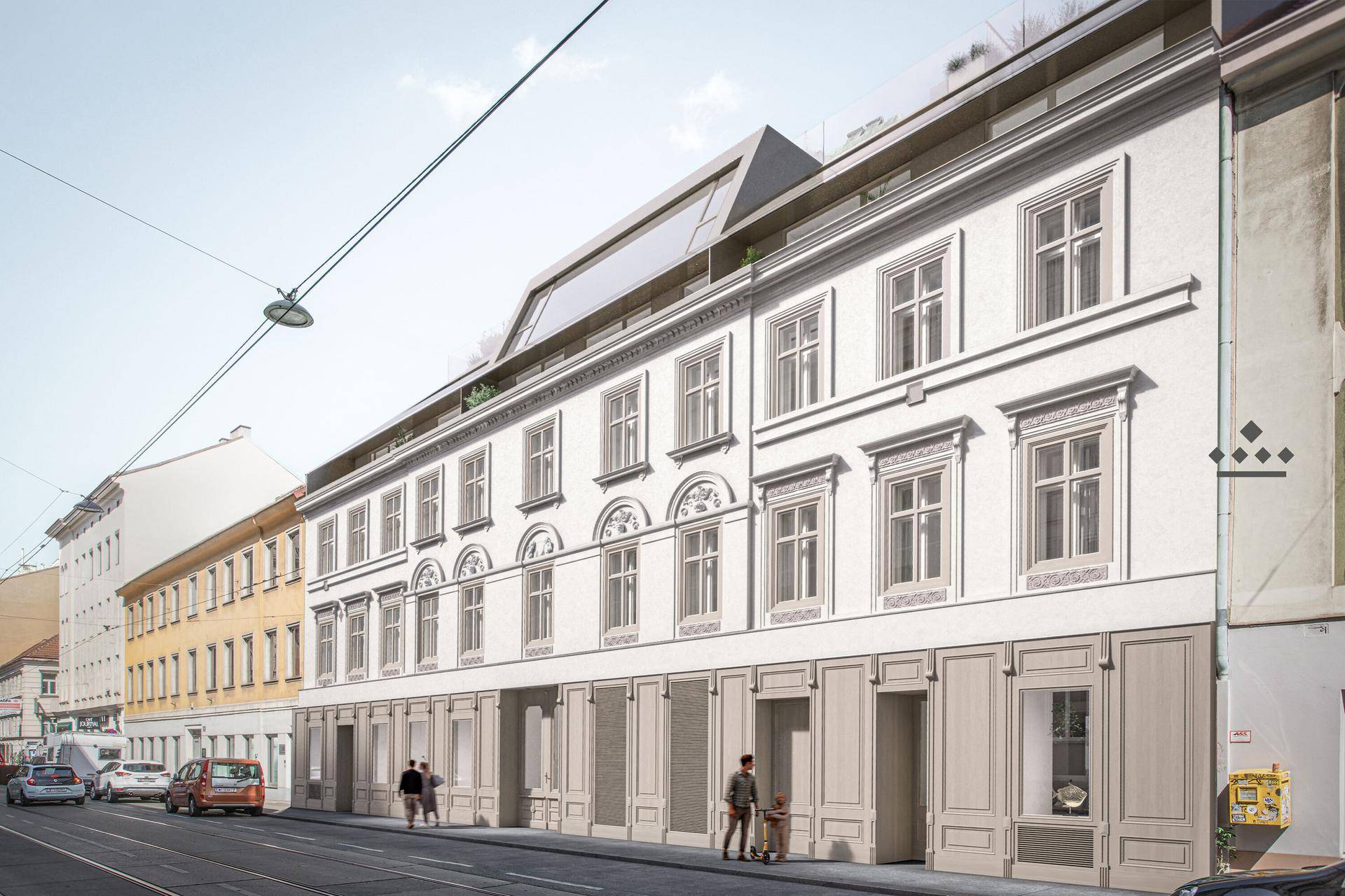 Seitenansicht eines historischen Gebäudes mit modernem Dachausbau und belebter Straße.