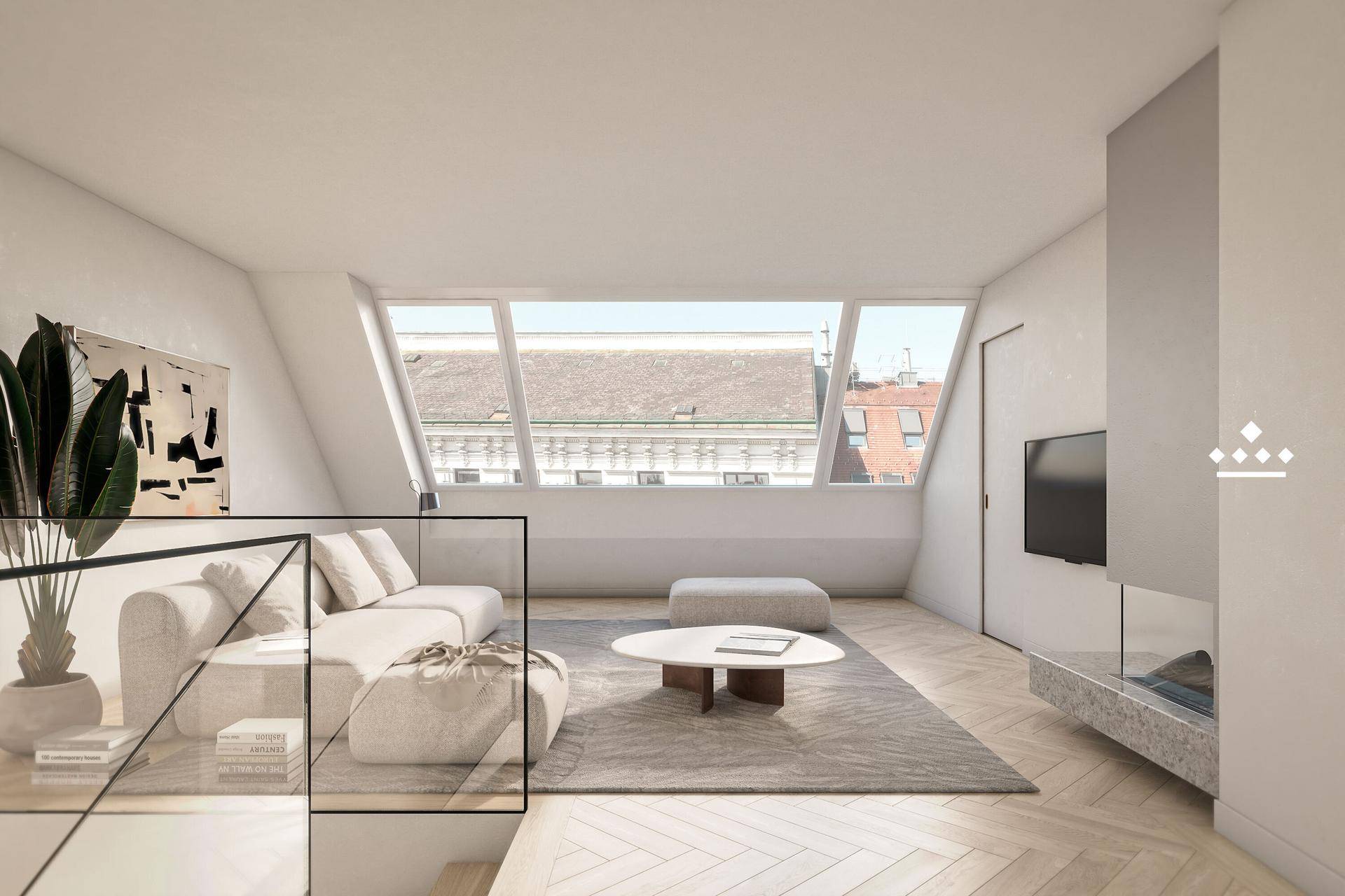 Gemütliches Wohnzimmer im Dachgeschoss mit schrägen Wänden, Kamin und Blick auf die Stadt.