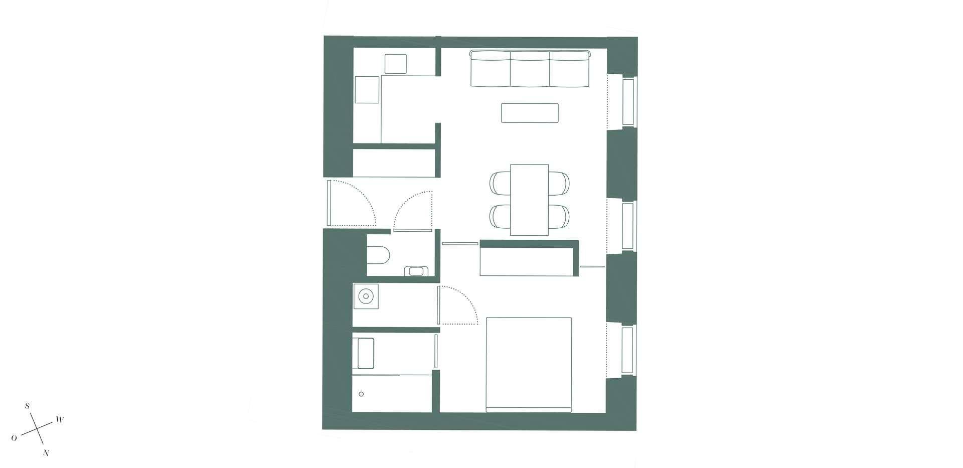 Grundriss einer Wohnung mit Schlafzimmer, Bad, WC, Küche und offenem Wohn-Essbereich.