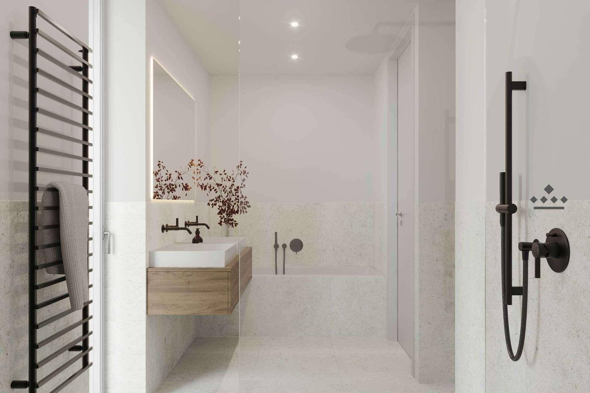 Zeitgemäßes Badezimmer mit Badewanne, Dusche, Einzelwaschbecken und schwarzem Handtuchhalter.