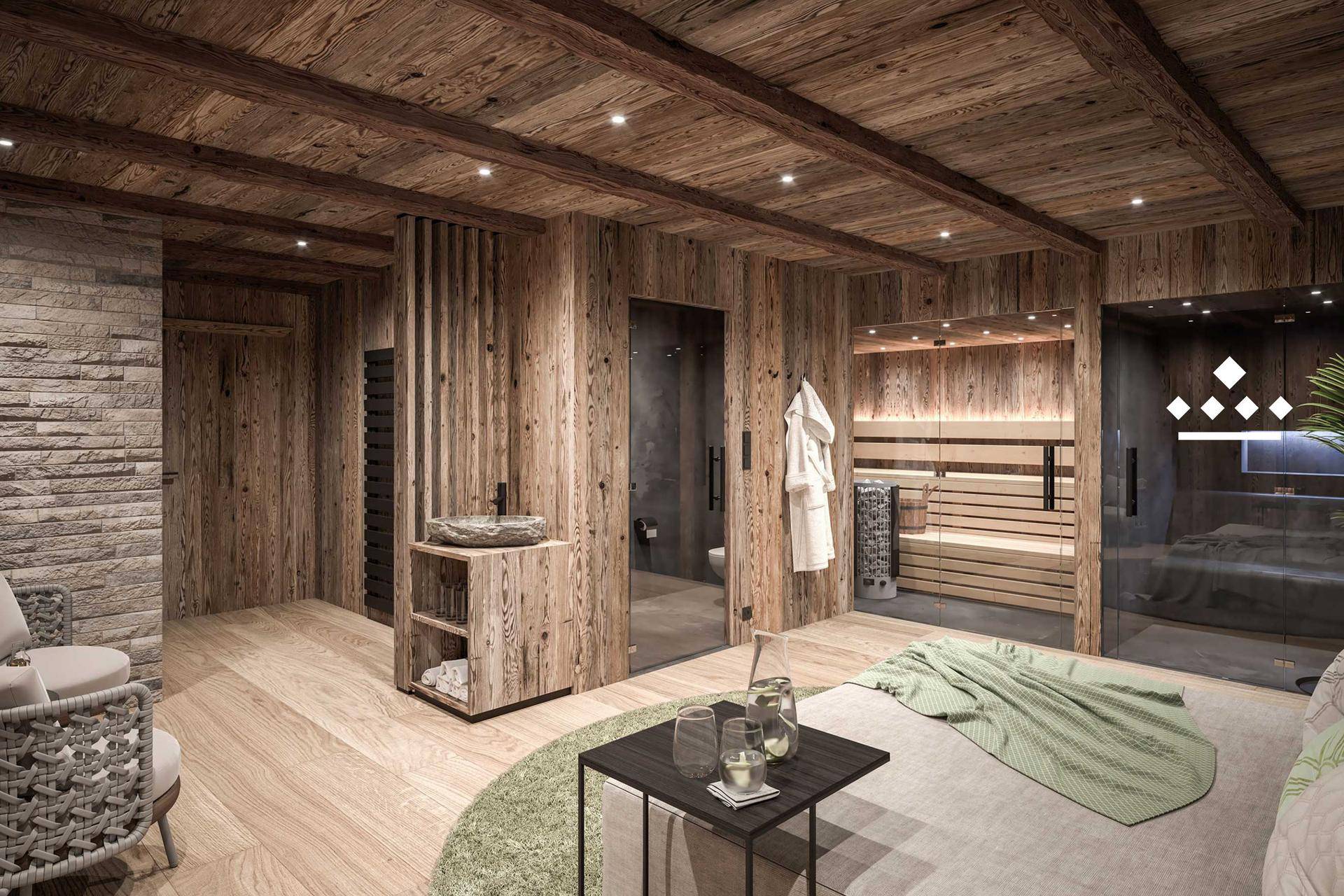 Luxuriöses Schlafzimmer im Chalet-Stil mit Holzwänden, integriertem Waschbecken und privater Sauna.