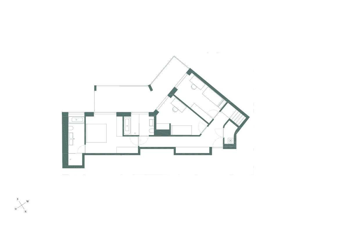 Grundriss der unteren Ebene mit Schlafzimmern und Bädern.