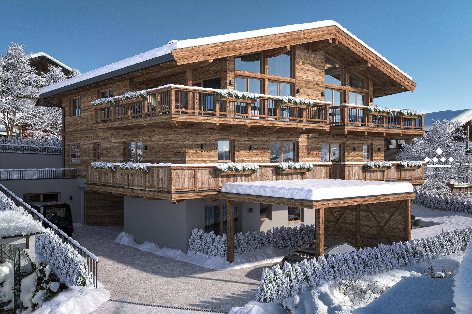 Architektonische Visualisierung eines modernen Holzchalets in verschneiter Berglandschaft mit Balkonen und Carport.