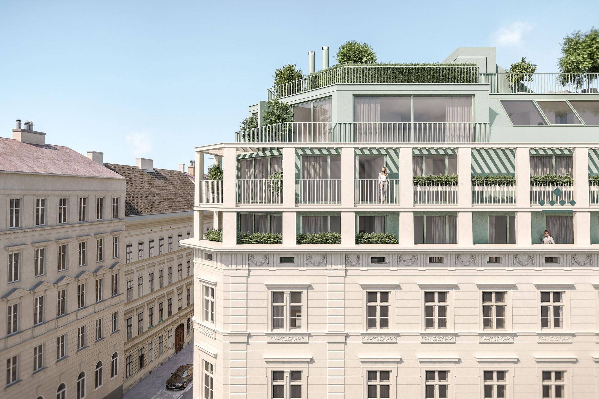 Eckansicht eines modernen Wohngebäudes mit gestuften Balkonen und Dachterrassen.
