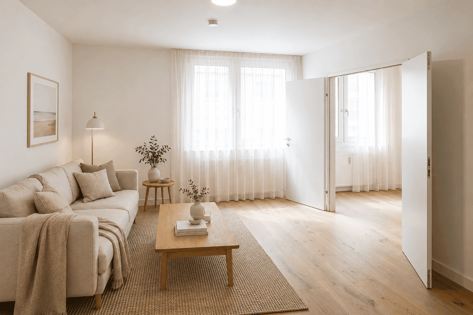Geräumiges, helles Wohnzimmer mit Holzboden, beigem Sofa und großen Fenstern.