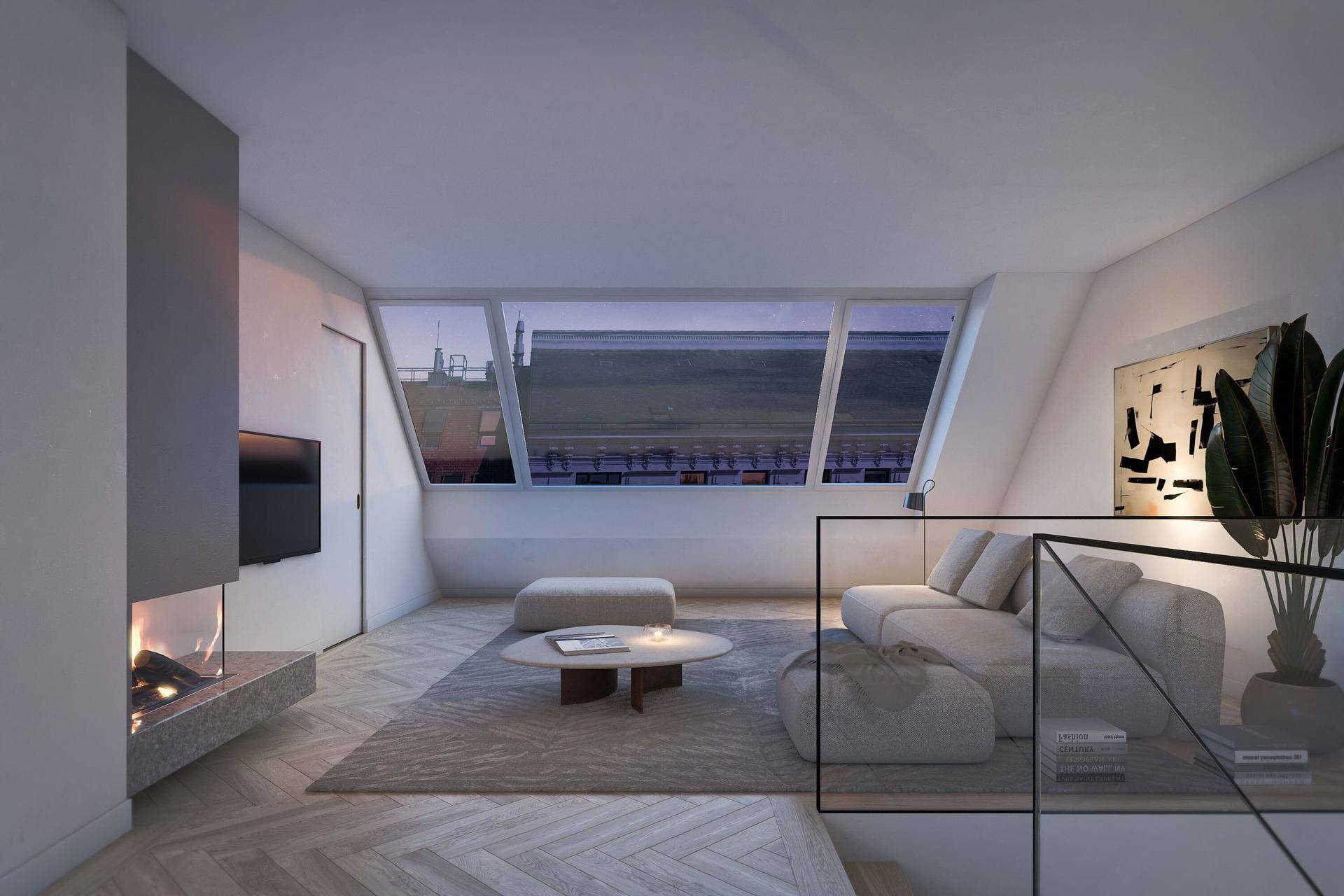 Gemütliches Wohnzimmer mit modernem Kamin, Dachschrägen und großen Fenstern mit Stadtblick.