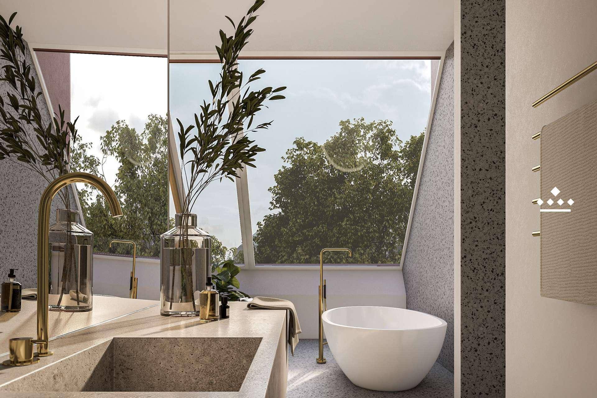 Detailansicht eines luxuriösen Badezimmers mit Doppelwaschbecken und großem Fenster mit Blick ins Grüne.